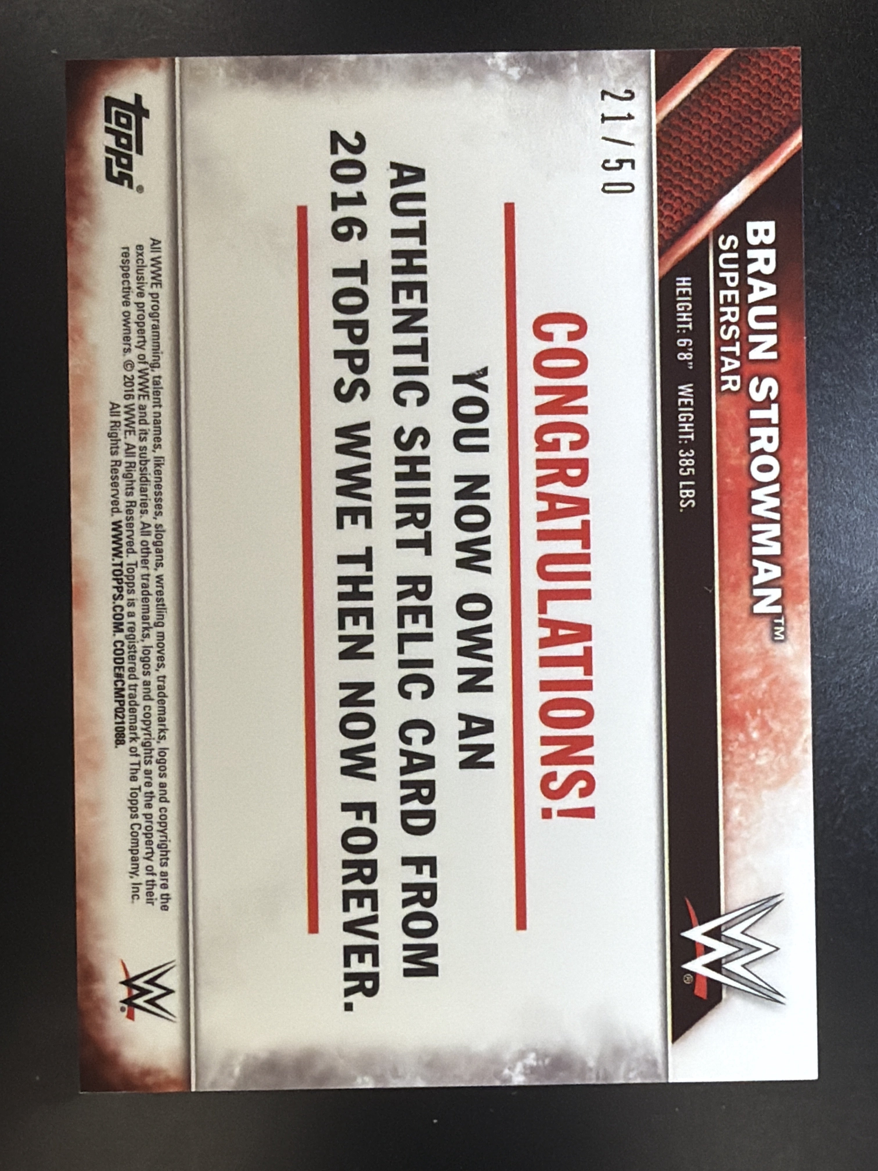 2016 Topps WWE Then Now Forever #NNO Braun Strowman Shirt Relic Bronze #/50