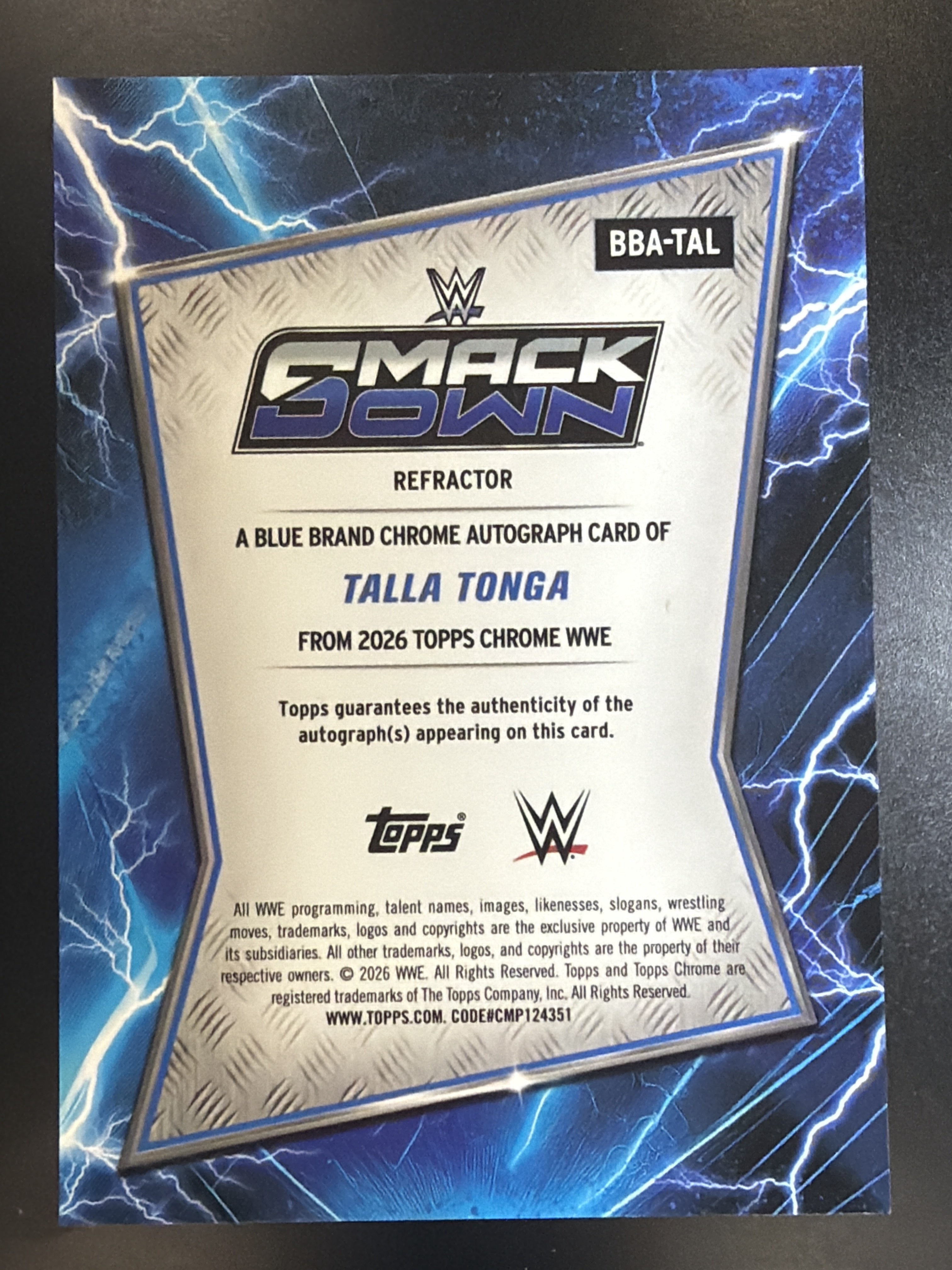 2026 Topps Chrome WWE #BBA-TAL Tala Tonga Blue Brand Autographs Refractor