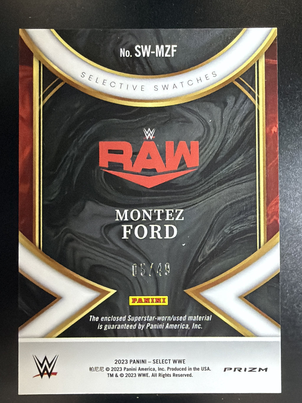 2023 Panini Select WWE #SW-MZF Montez Ford Selective Swatches Blue Prizms #/49