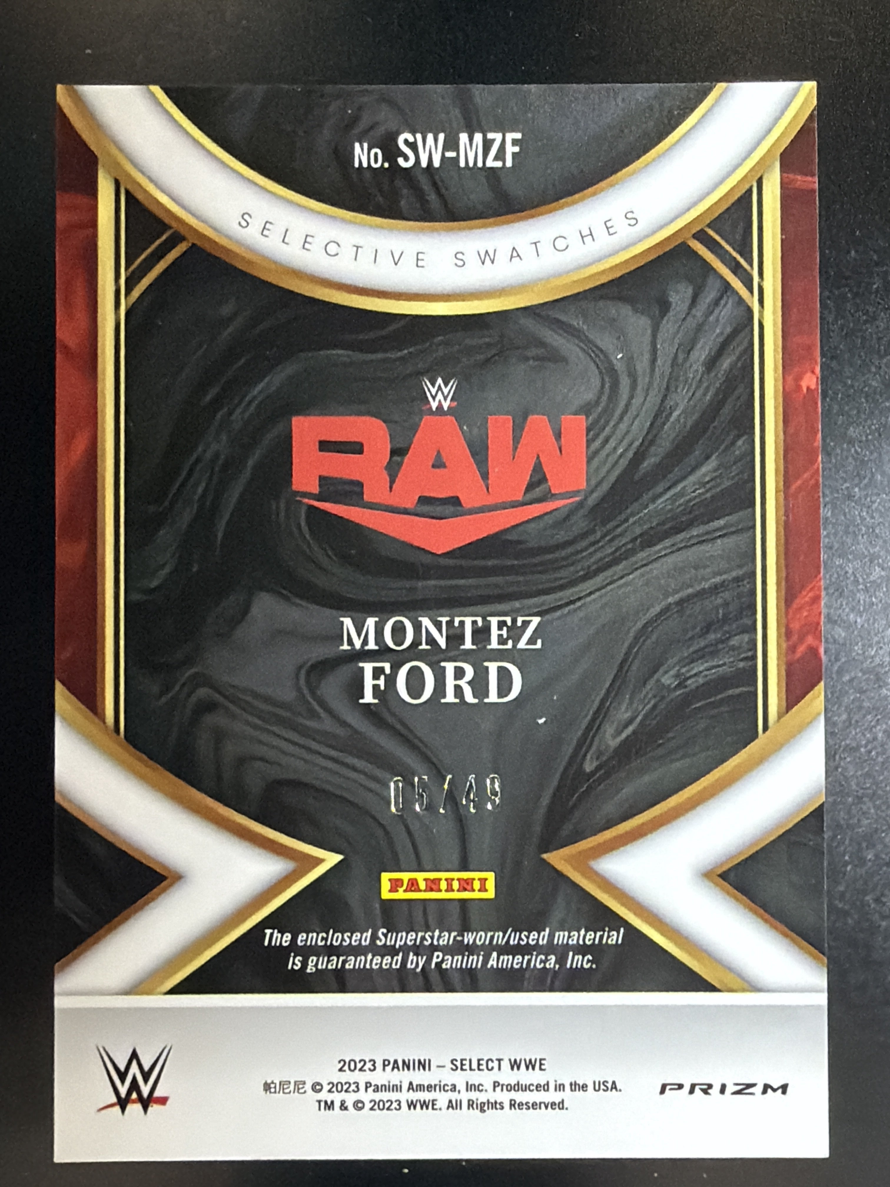 2023 Panini Select WWE #SW-MZF Montez Ford Selective Swatches Blue Prizms #/49