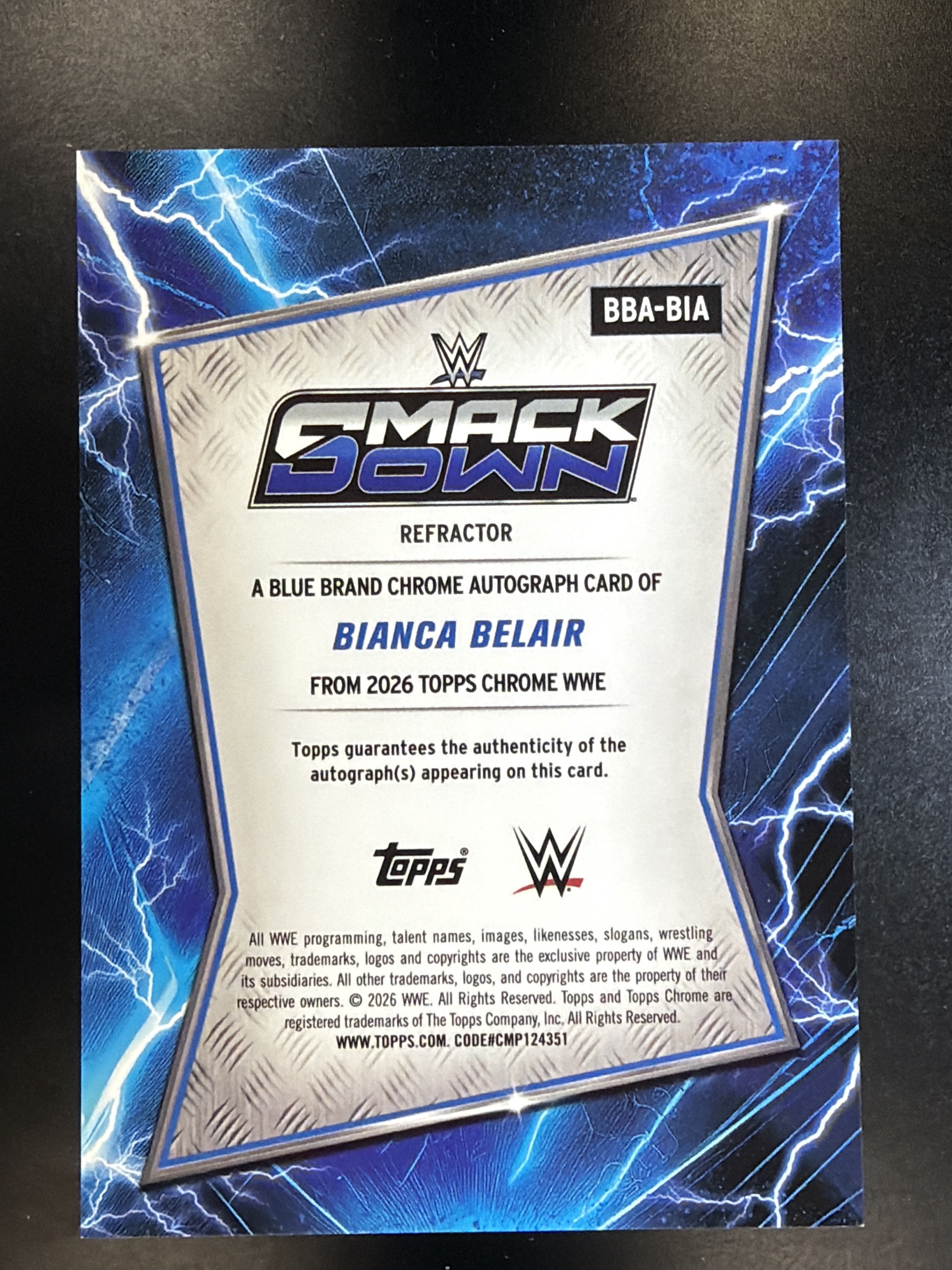 2026 Topps Chrome WWE #BBA-BIA Bianca Belair Blue Brand Autographs Refractor