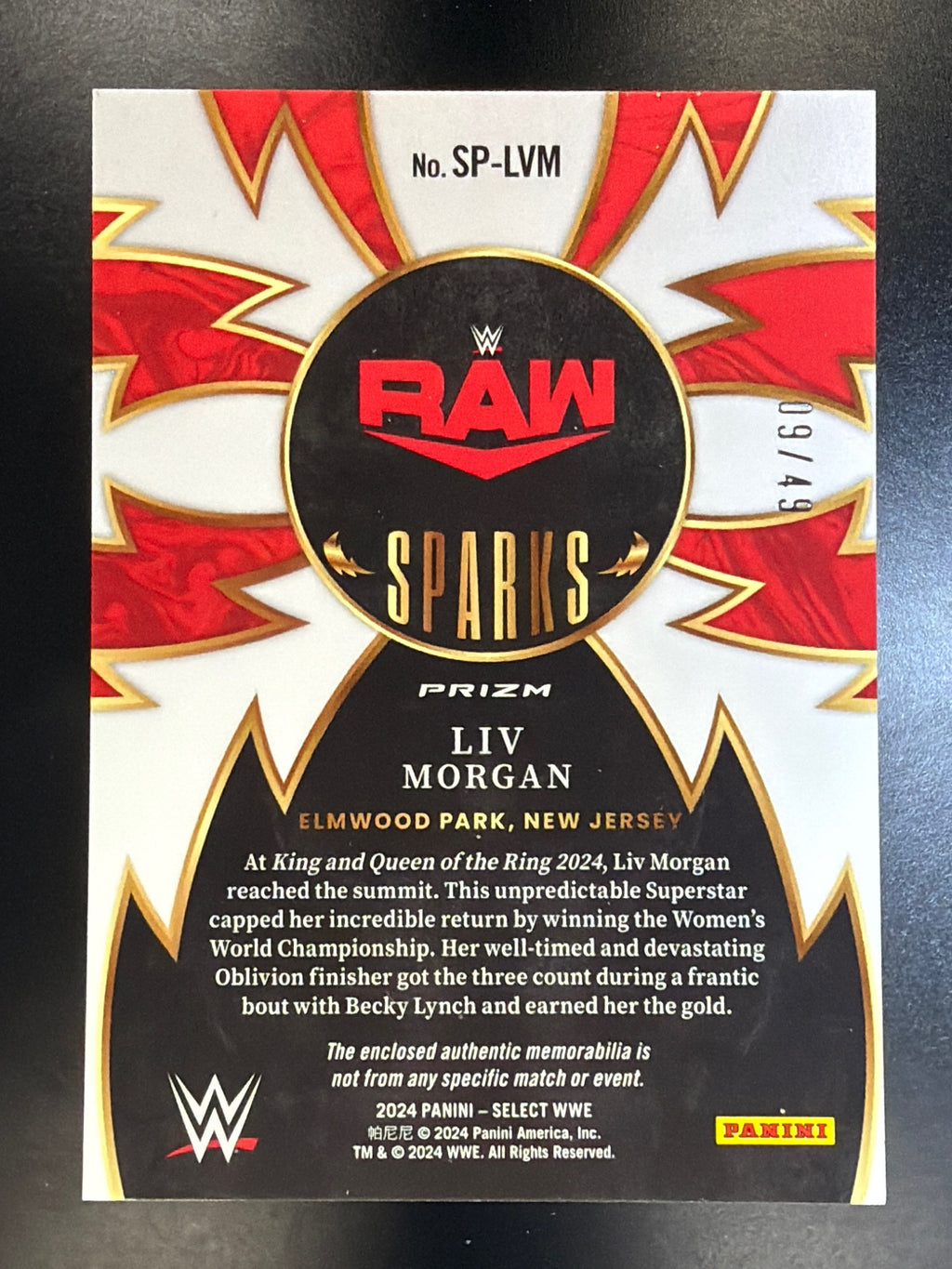 2024 Panini Select WWE #SP-LVM Liv Morgan Sparks Memorabilia Blue Prizms #/49