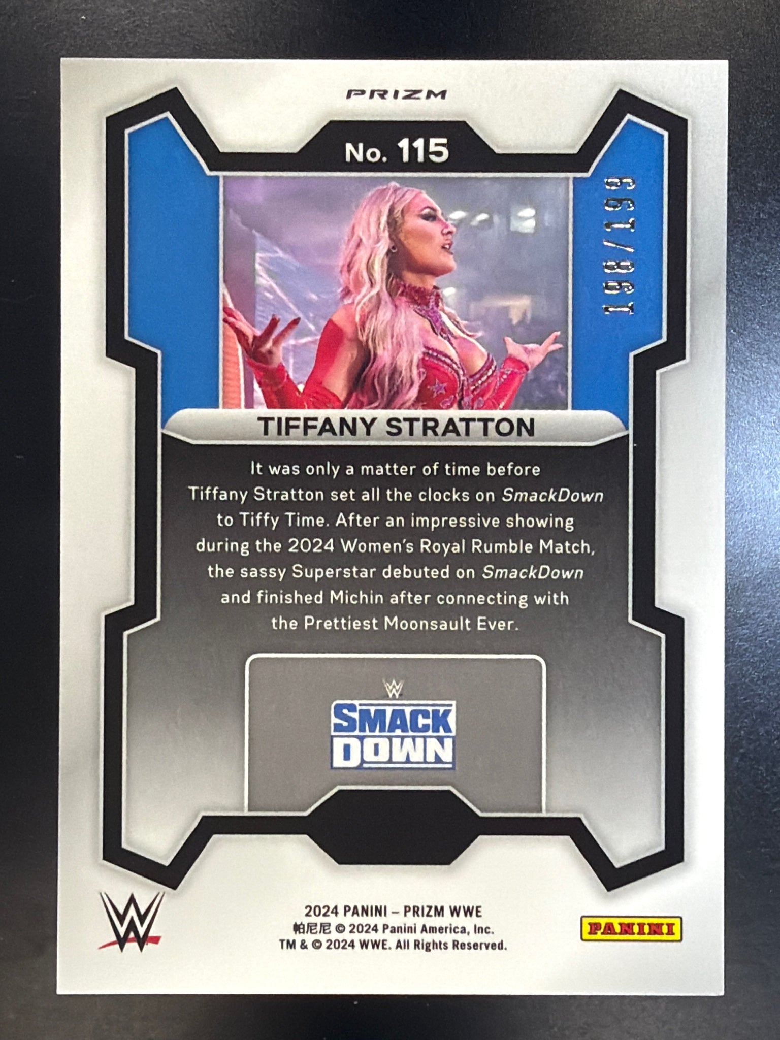 2024 Panini Prizm WWE #115 Tiffany Stratton Blue Prizms #/199