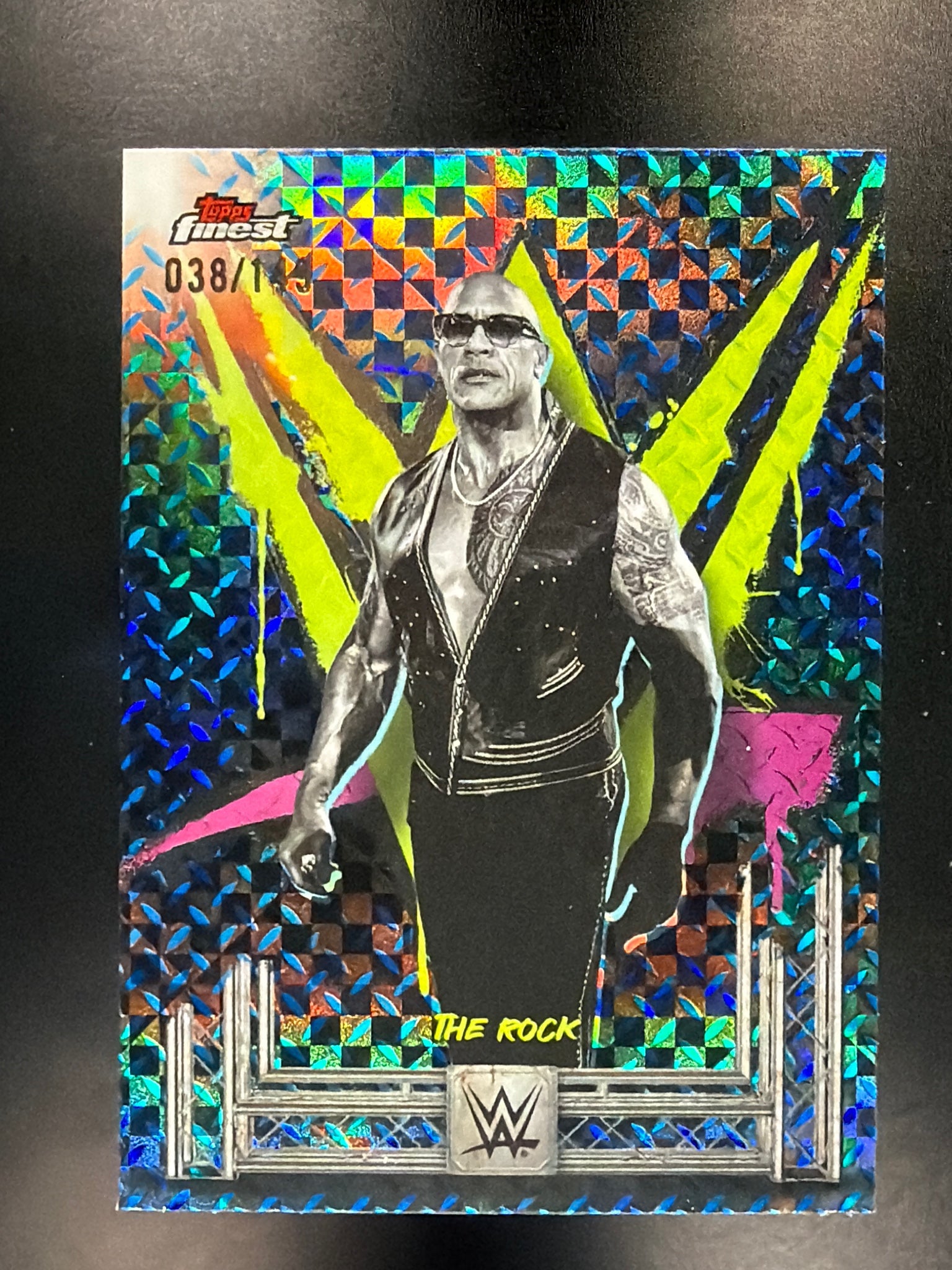 2025 Topps Finest WWE #100 The Rock Blue Checkerboard #/149