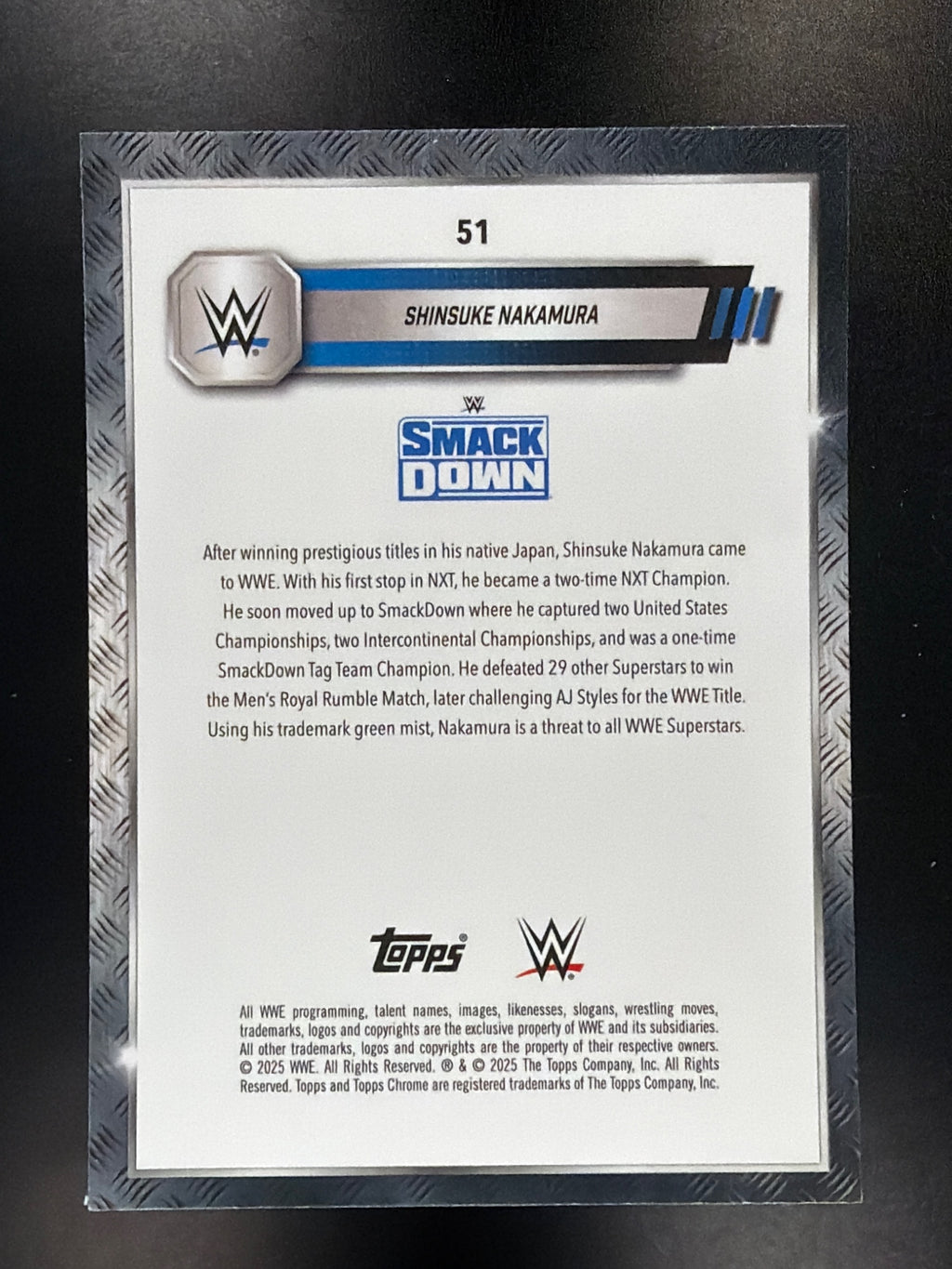 2025 Topps Chrome WWE #51 Shinsuke Nakamura Aqua Shimmer Refractor #/199