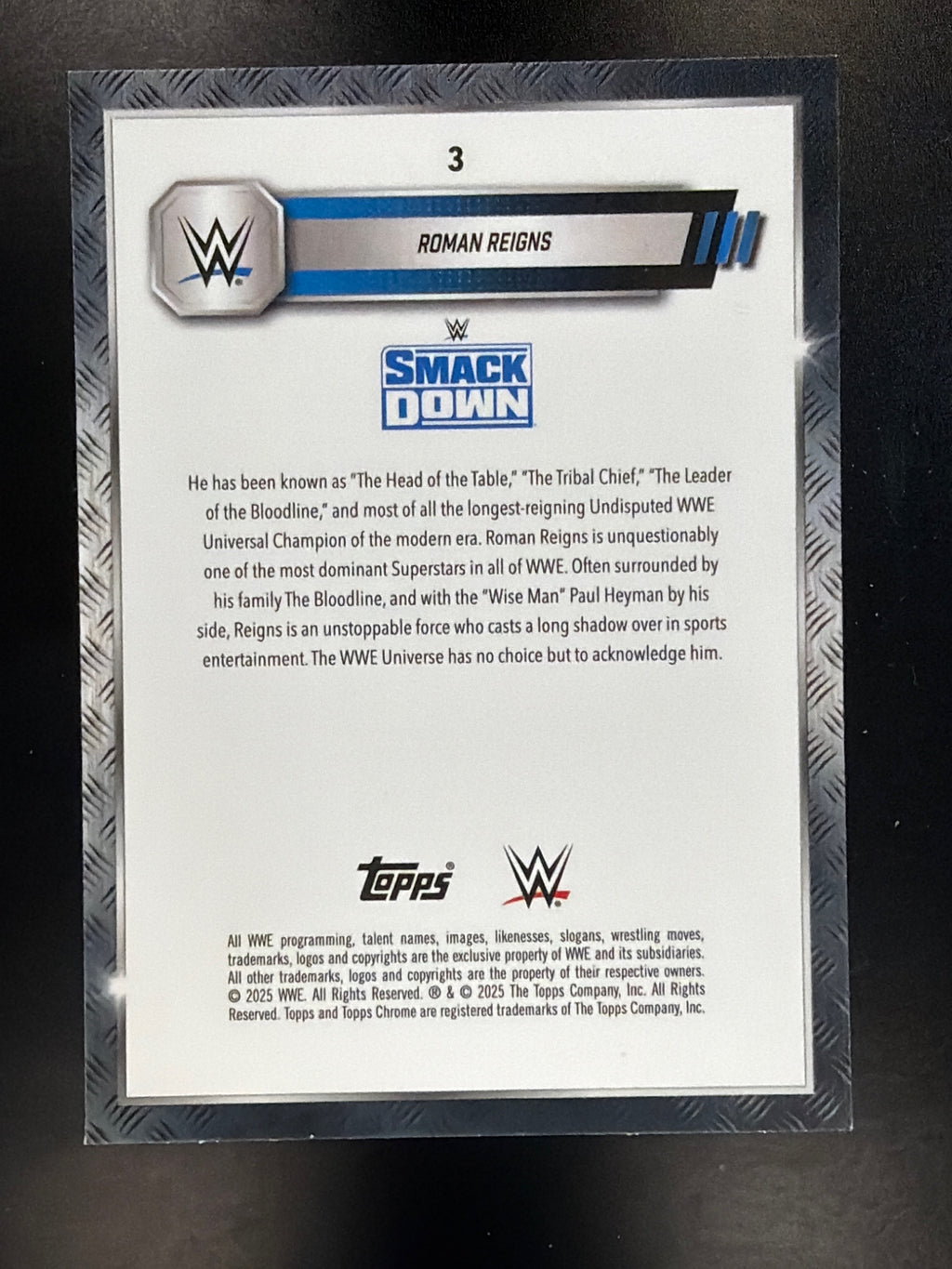 2025 Topps Chrome WWE #3 Roman Reigns Purple Refractor