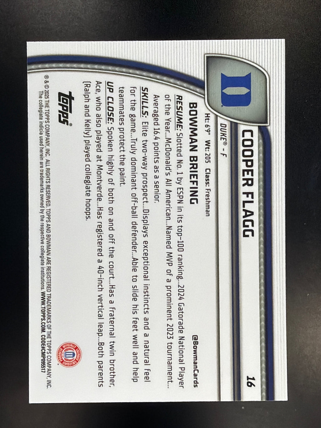 2024-25 Bowman University Chrome #16 Cooper Flagg