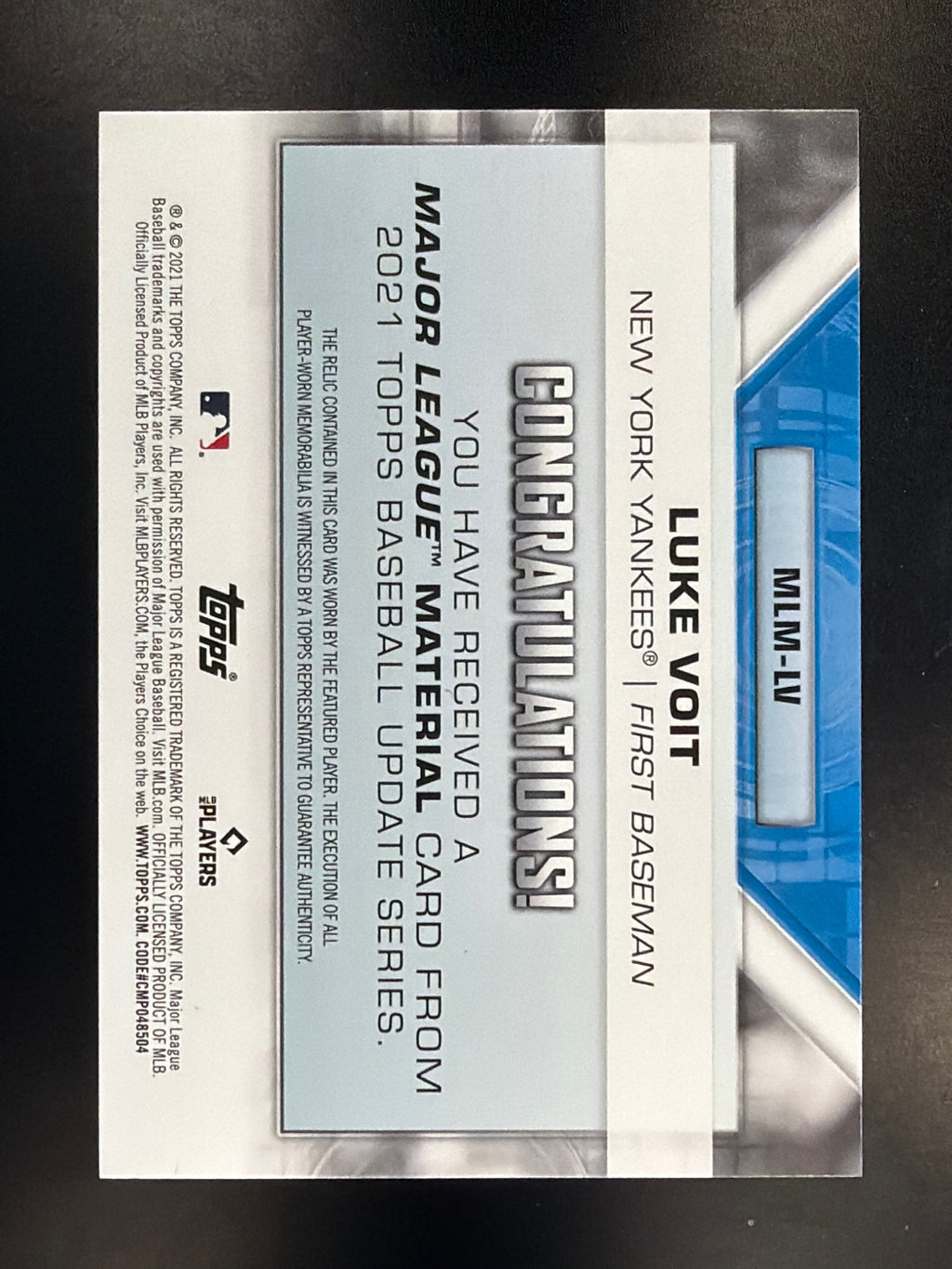 2021 Topps Update #MLM-LV Luke Voit Major League Material Relics