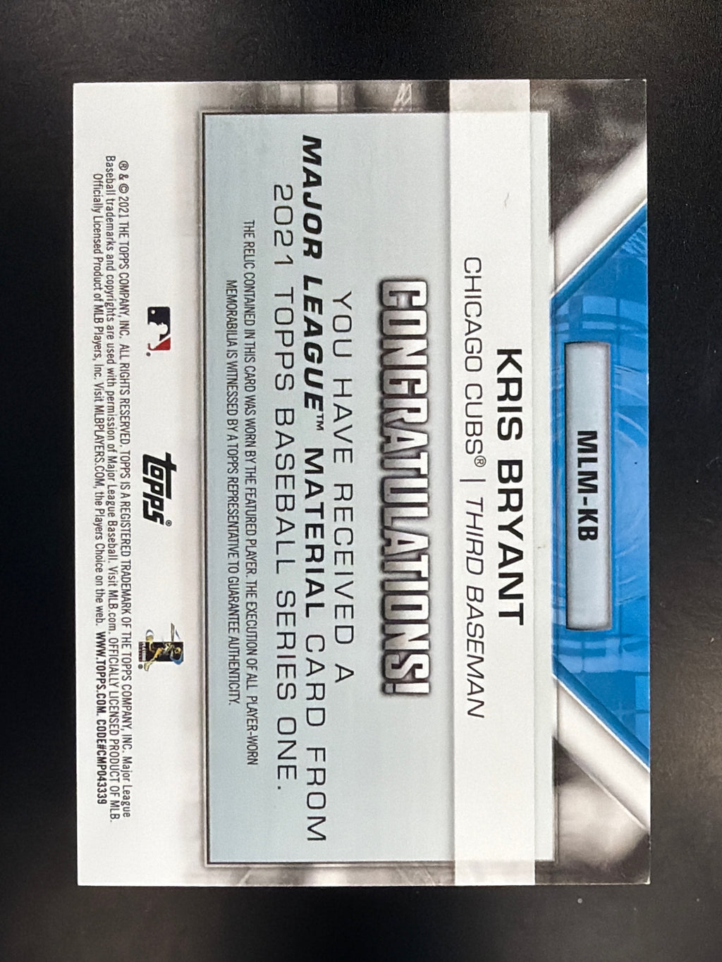 2021 Topps #MLM-KB Kris Bryant Major League Material Relics (Series One)