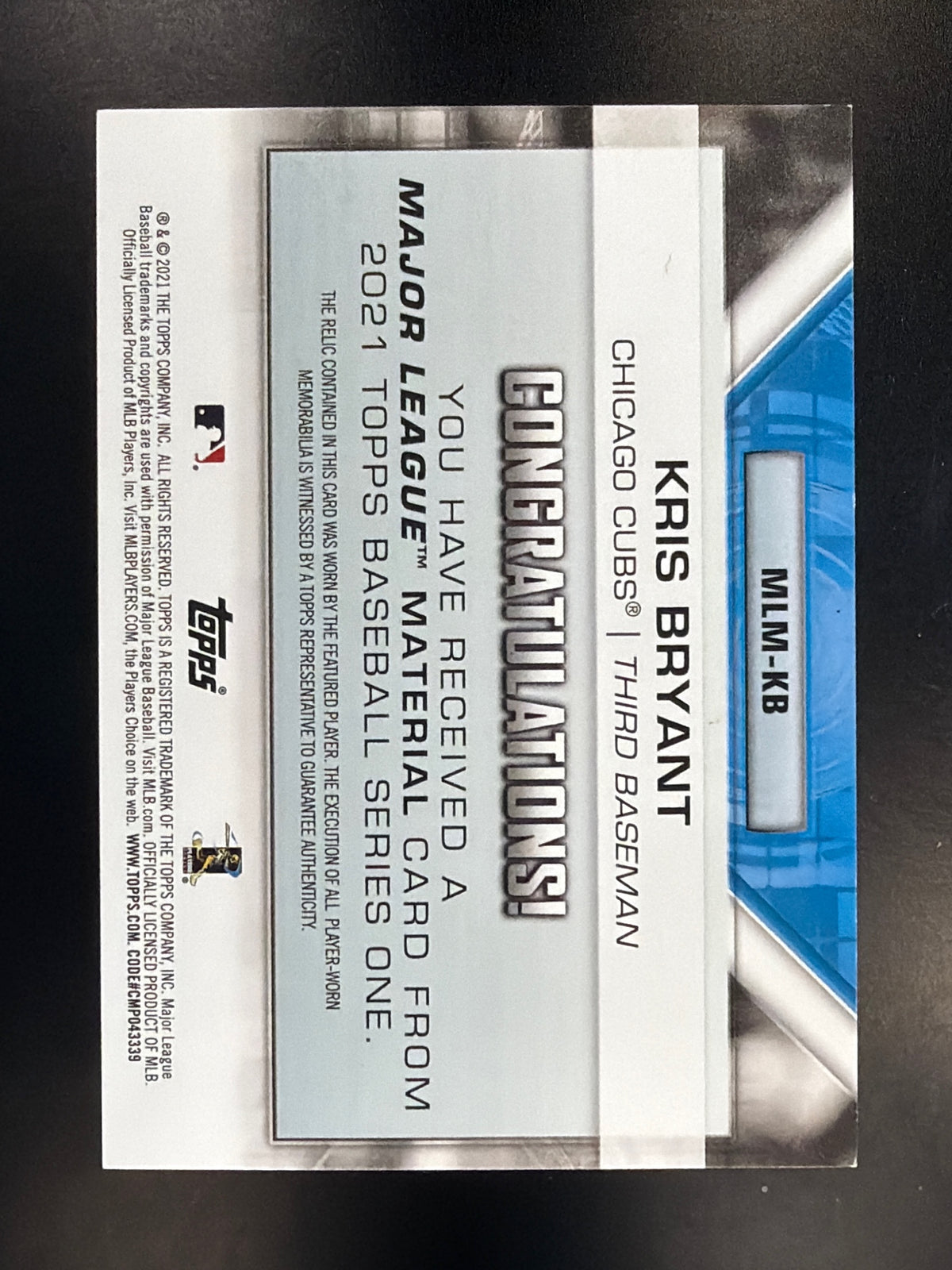 2021 Topps #MLM-KB Kris Bryant Major League Material Relics (Series One)