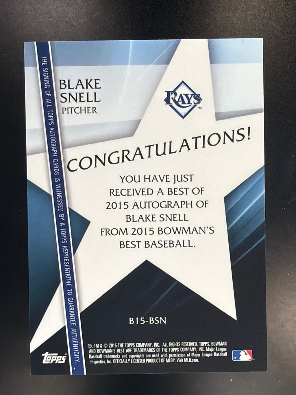 2015 Bowman's Best #B15-BSN Blake Snell Best of 2015 Autographs