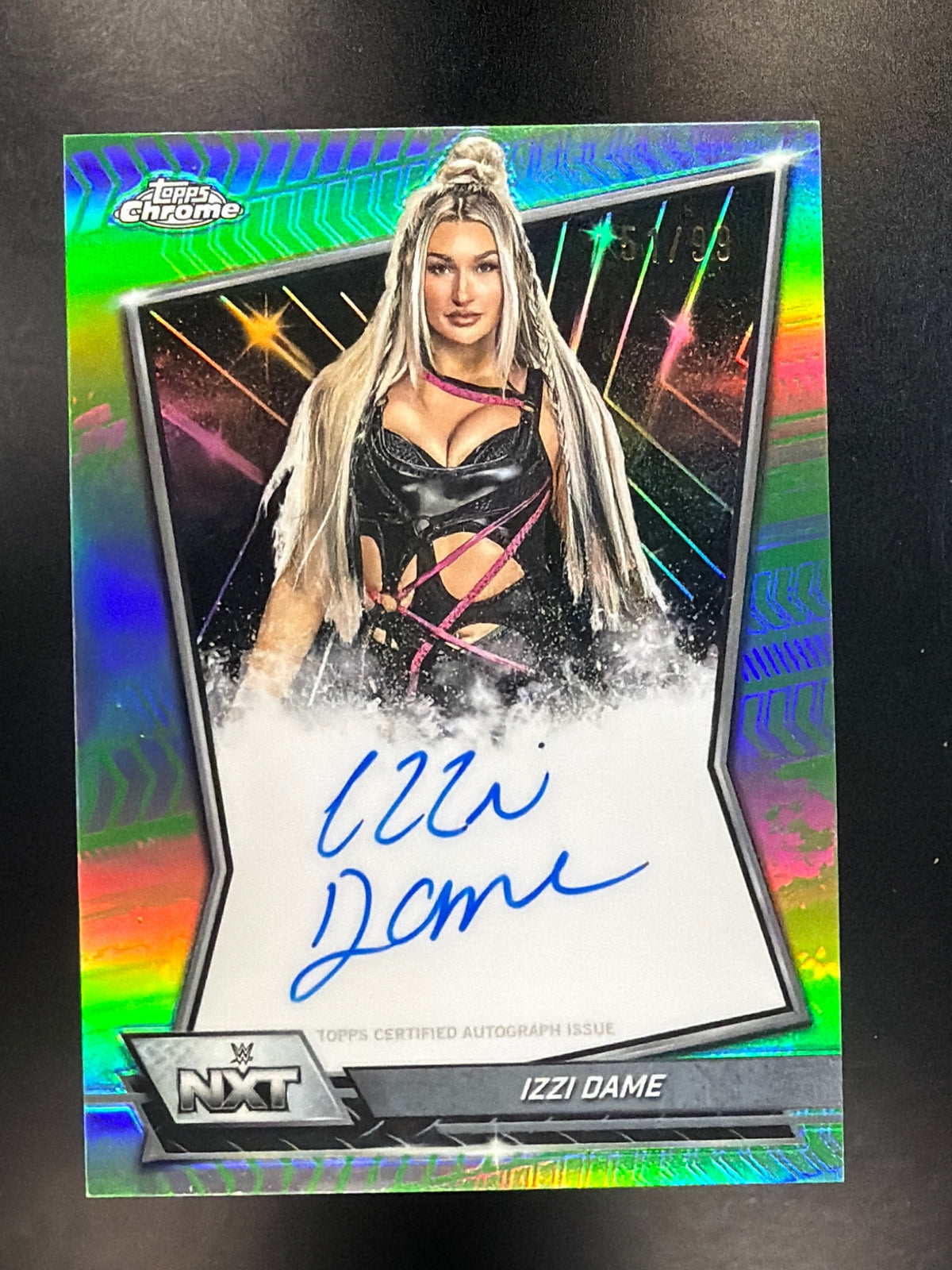 2026 Topps Chrome WWE #NXT-IZZ Izzi Dame NXT Autographs Green Refractor #/99