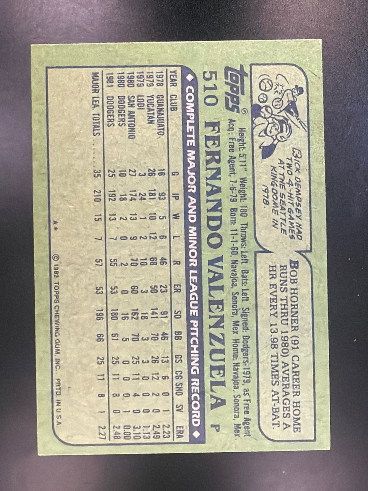 1982 Topps #510 Fernando Valenzuela