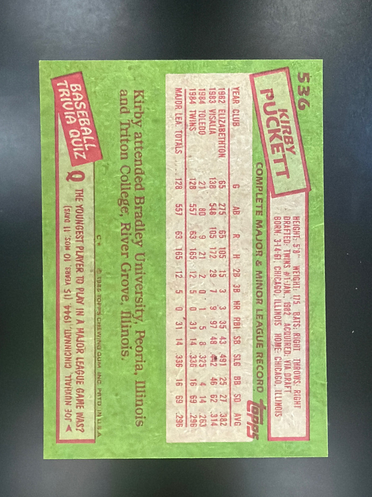 1985 Topps #536 Kirby Puckett