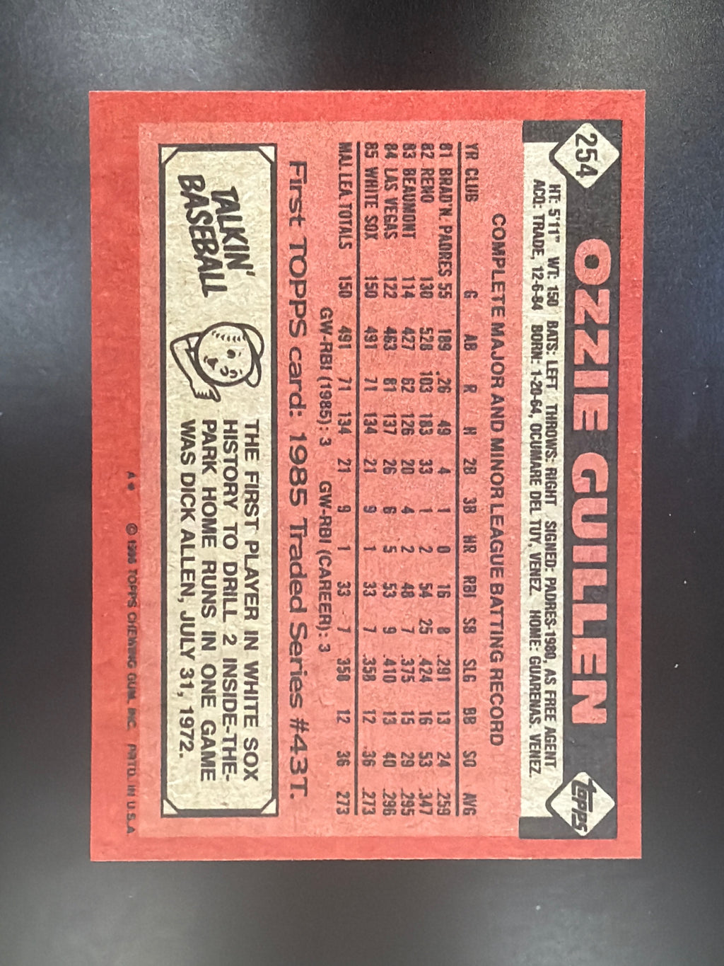 1986 Topps #254 Ozzie Guillen