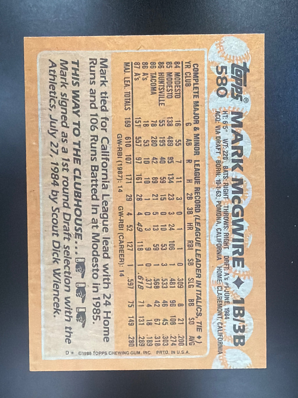 1988 Topps #580 Mark McGwire