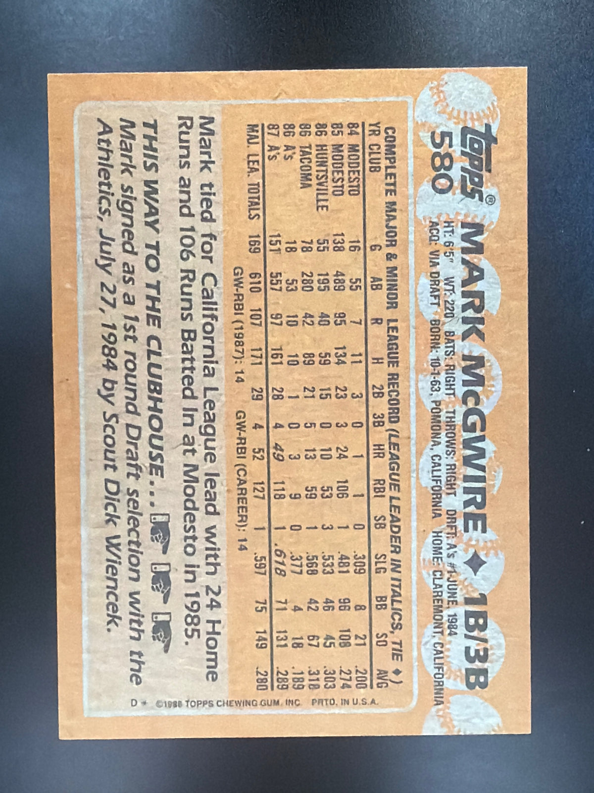 1988 Topps #580 Mark McGwire
