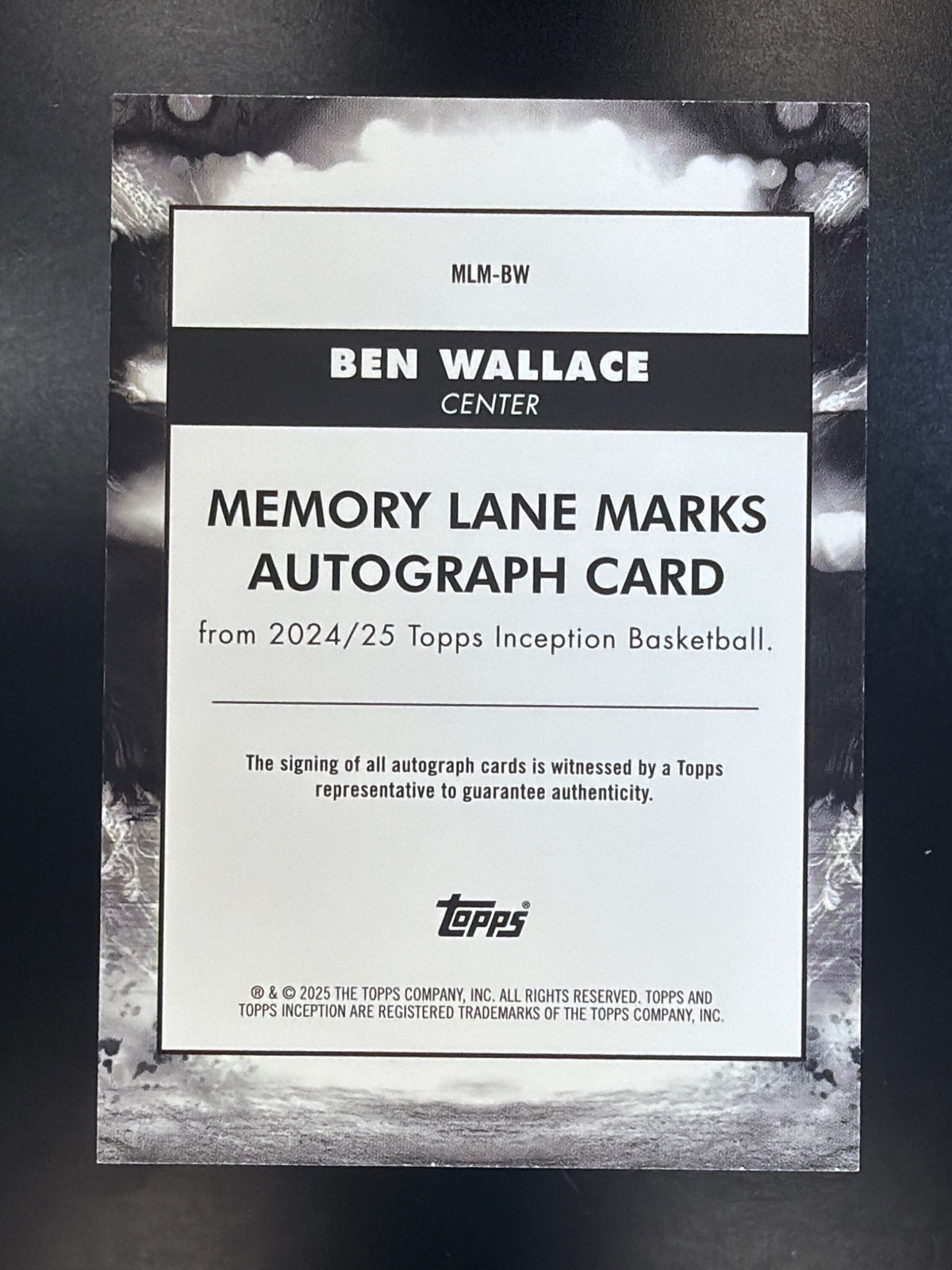 2024-25 Topps Inception #MLM-BW Ben Wallace Memory Lane Marks Camo #/10