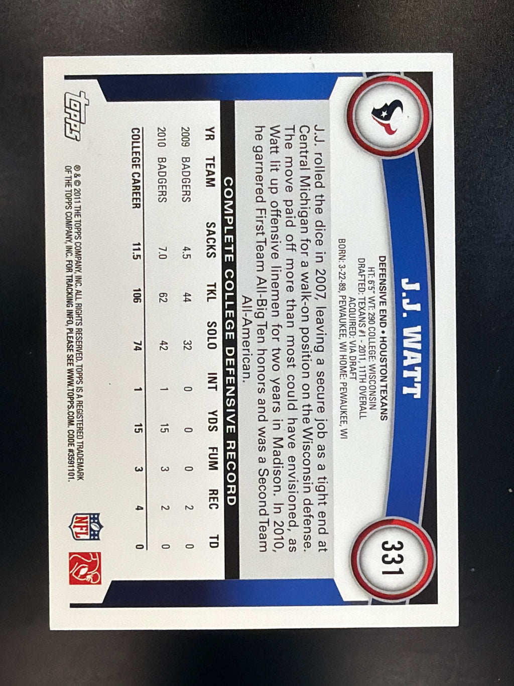 2011 Topps #331 J.J. Watt