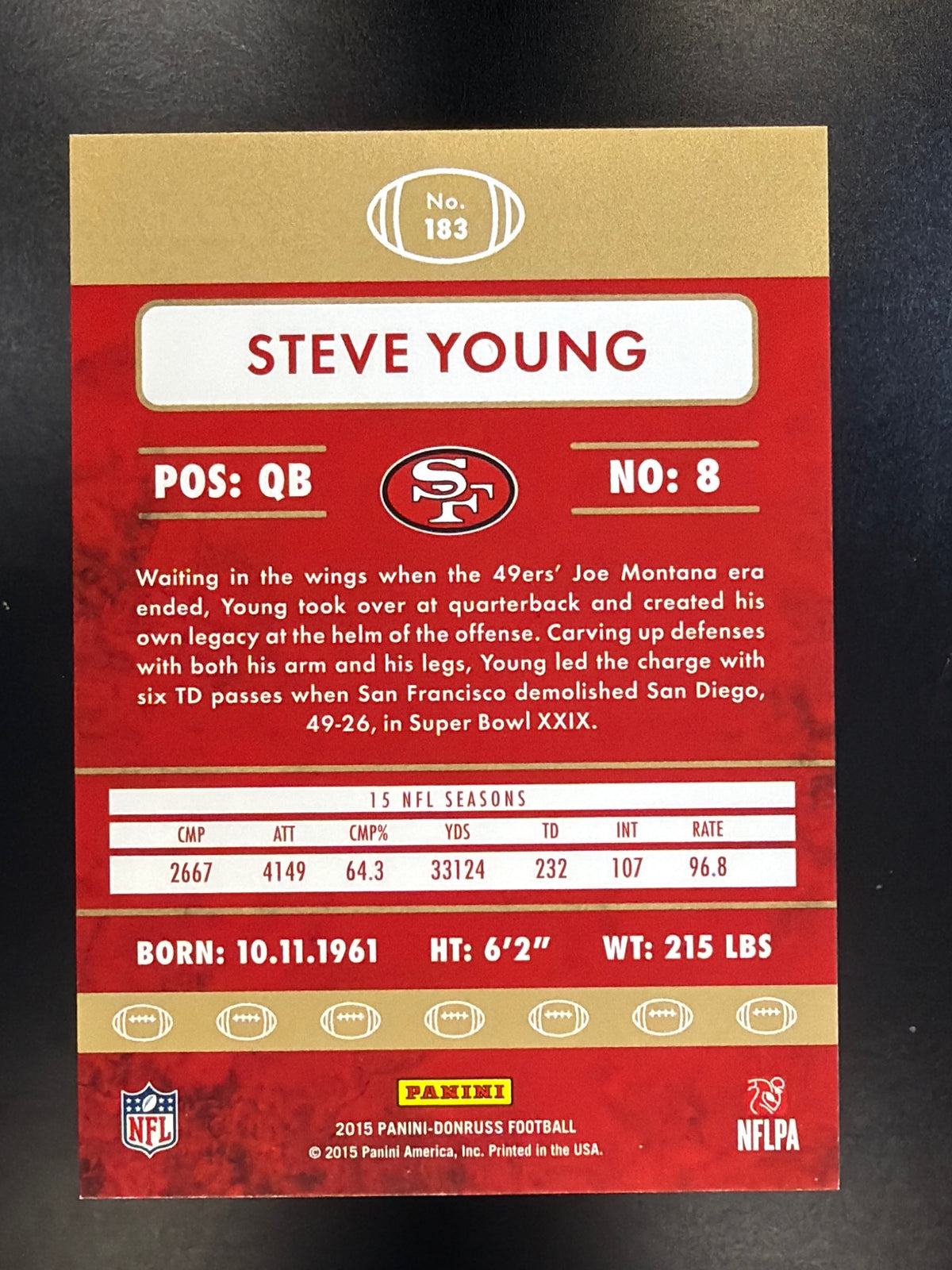 2015 Donruss #183 Steve Young Stat Line Season #/324