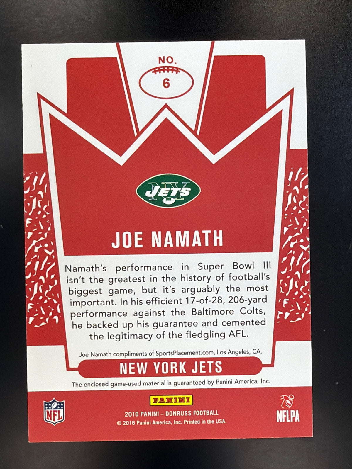 2016 Donruss #6 Joe Namath Canton Kings Jersey
