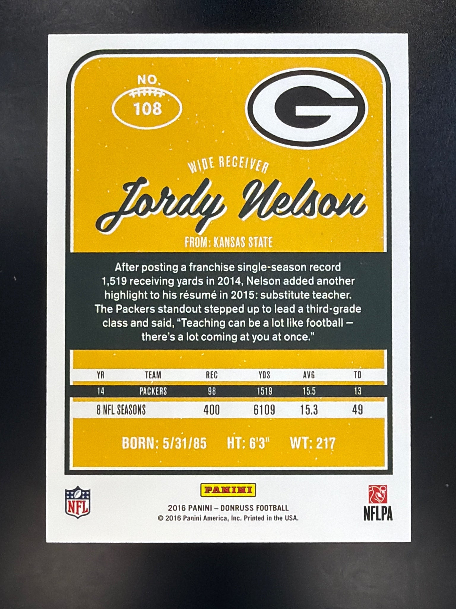 2016 Donruss #108 Jordy Nelson Press Proofs Gold #/50