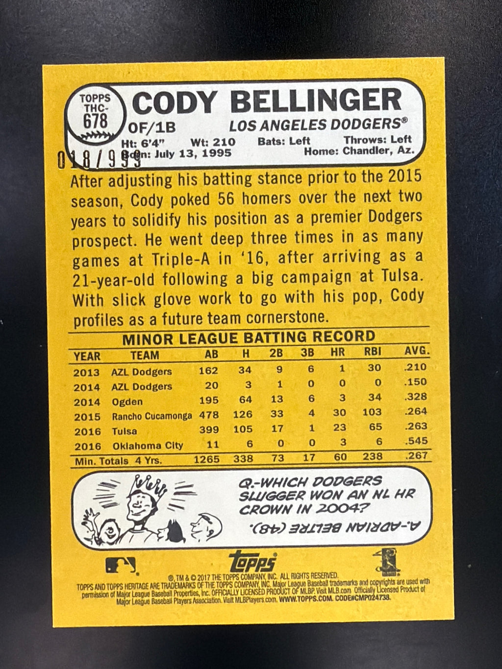 2017 Topps Heritage #THC-678 Cody Bellinger Chrome #/999