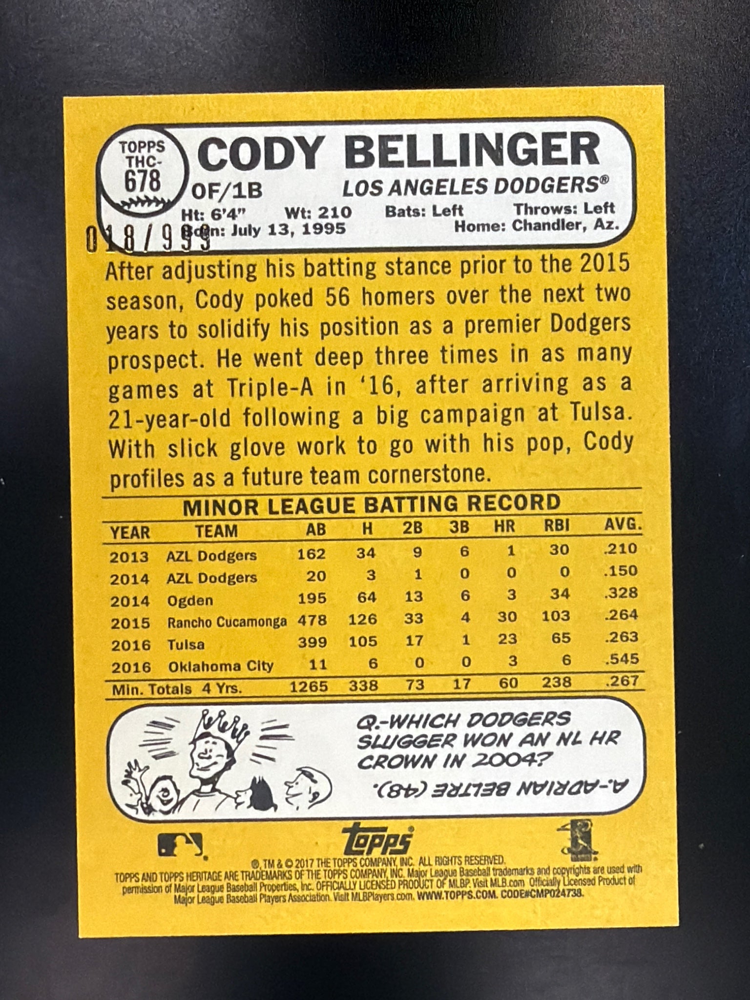 2017 Topps Heritage #THC-678 Cody Bellinger Chrome #/999
