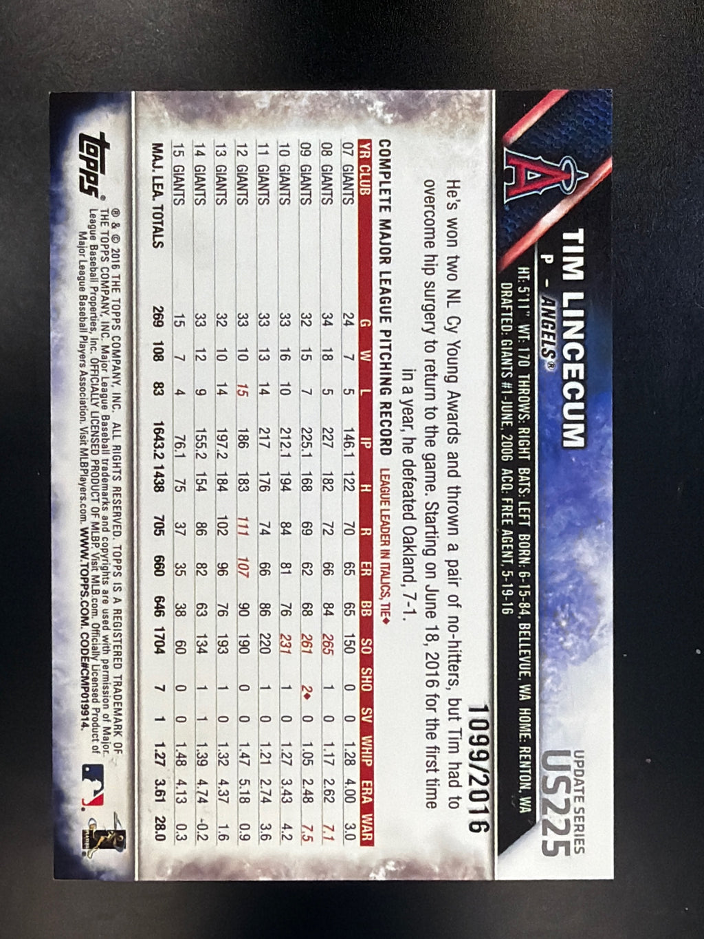 2016 Topps Update #US225 Tim Lincecum Gold #/2016