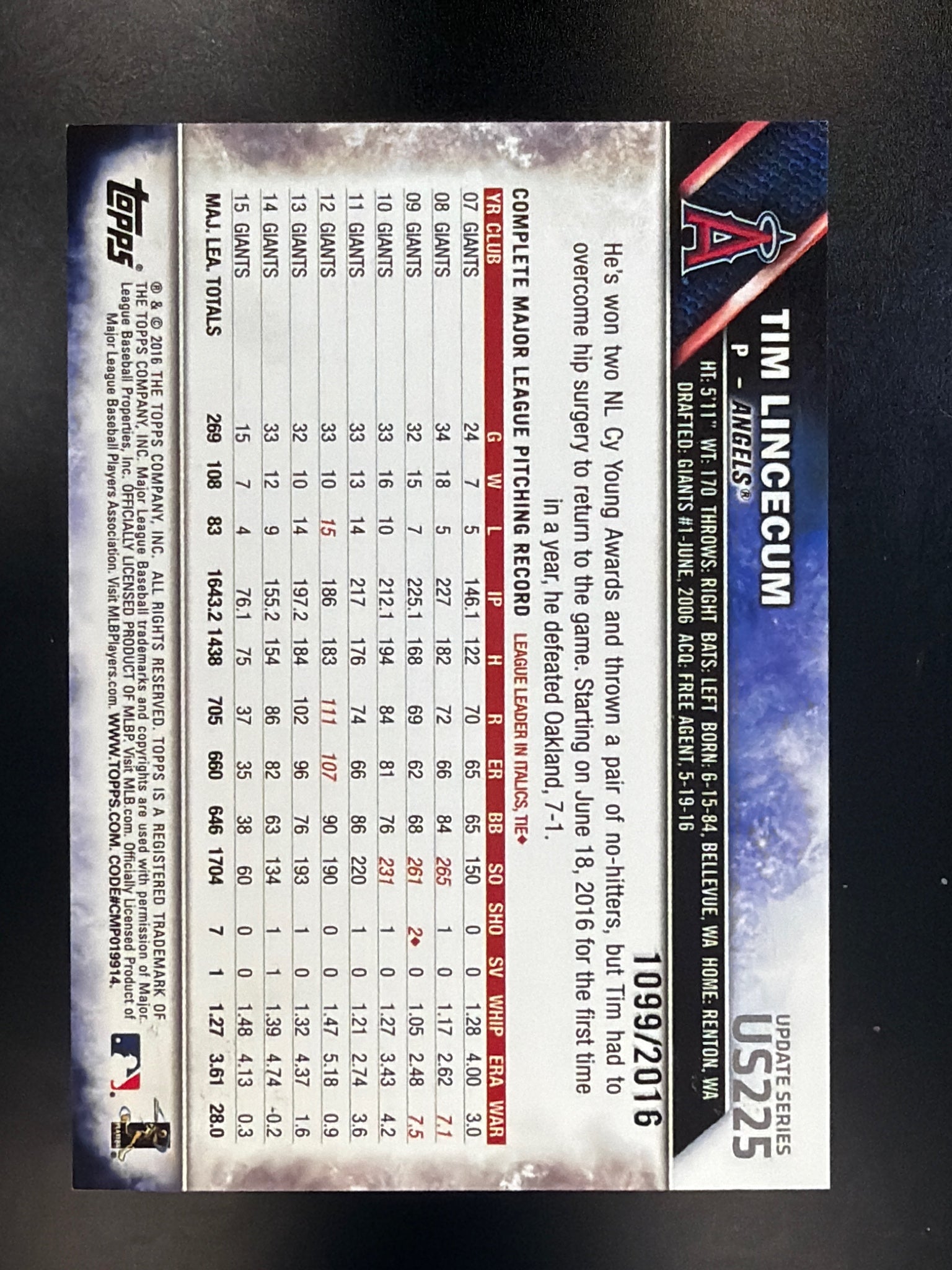2016 Topps Update #US225 Tim Lincecum Gold #/2016