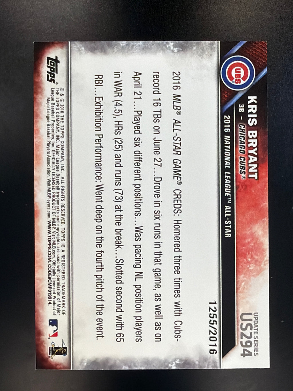 2016 Topps Update #US294 Kris Bryant Gold #/2016