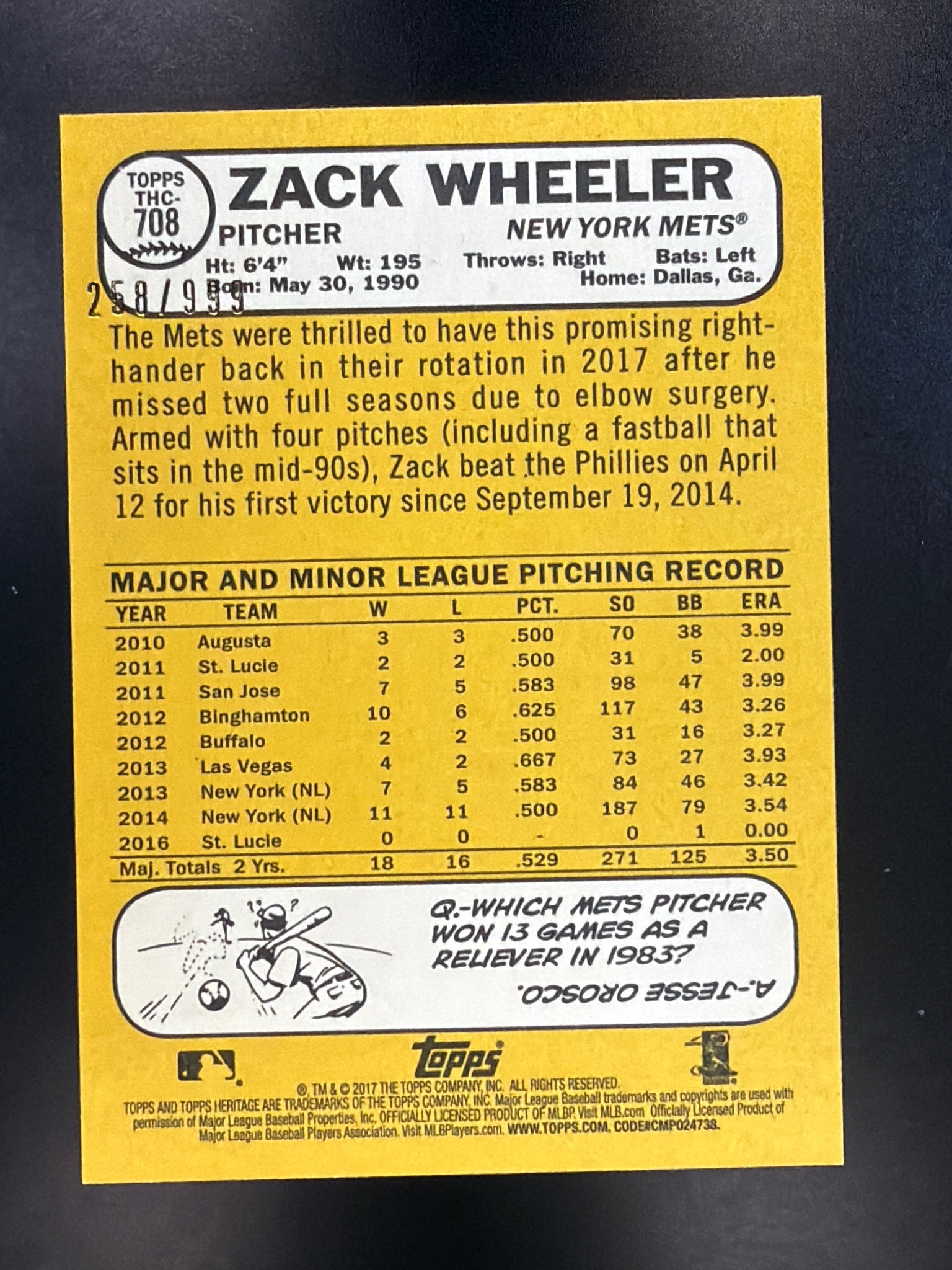 2017 Topps Heritage #THC-708 Zack Wheeler Chrome #/999