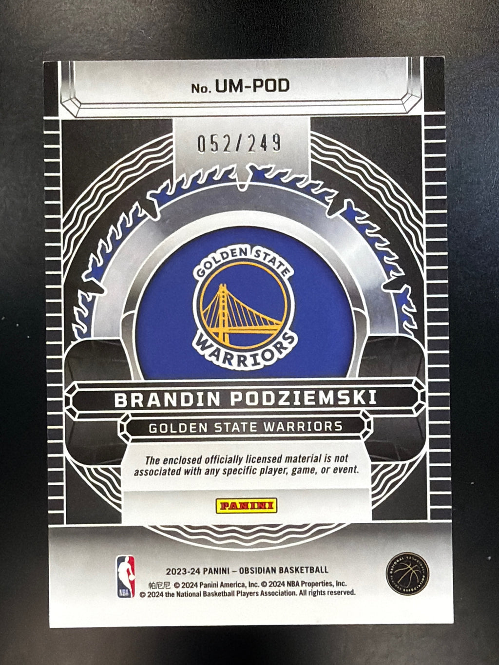 2023-24 Panini Obsidian #UM-POD Brandin Podziemski Unbreakable Memorabilia #/249