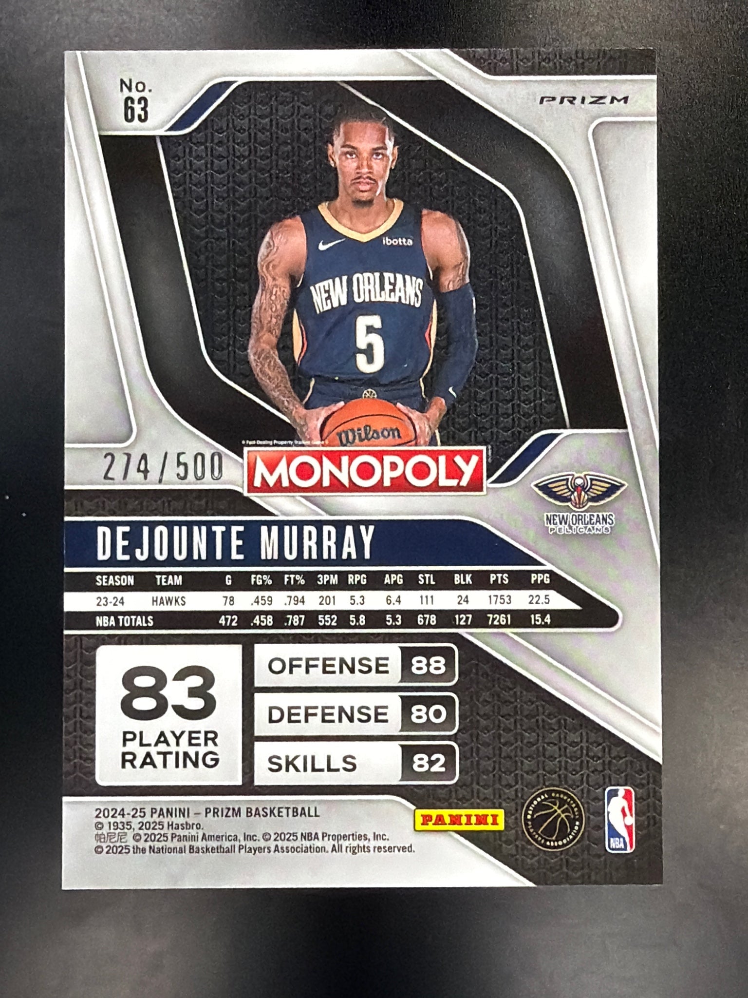 24-25 Panini Prizm Monopoly #63 Dejounte Murray Gold Millionaire Shimmer #/500