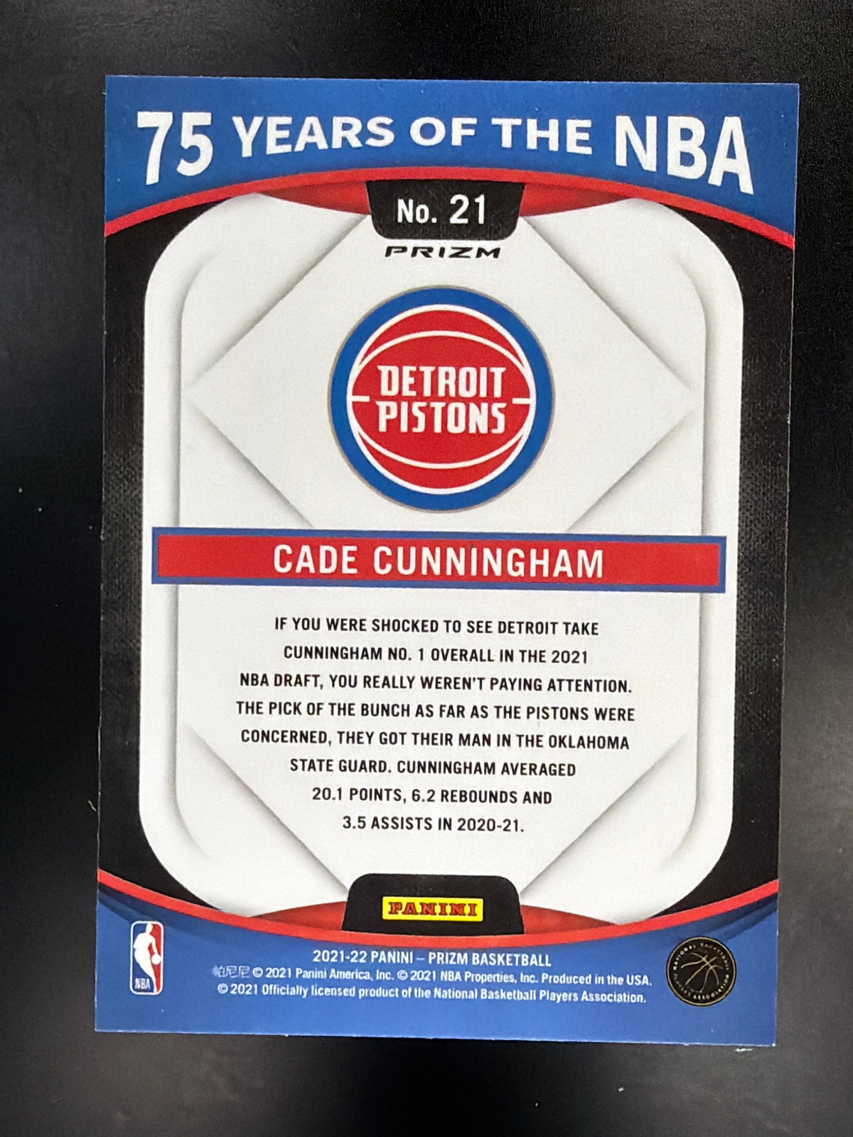 2021-22 Donruss Optic #21 Cade Cunningham 75 Years of the NBA (Panini Prizm)