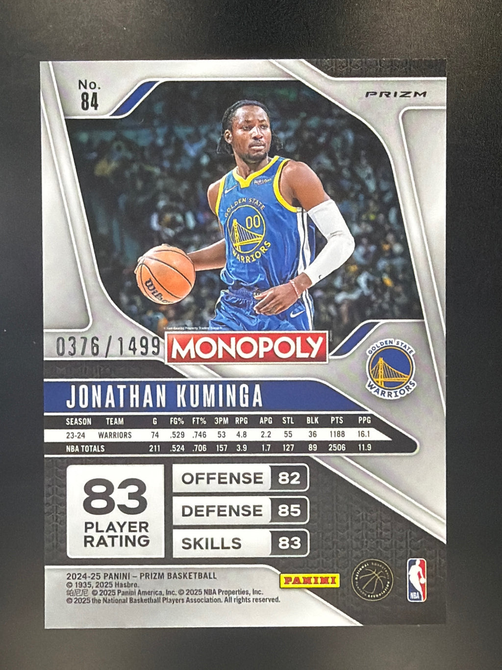 2024-25 Panini Prizm Monopoly #84 Jonathan Kuminga Millionaire Club Prizm #/1499