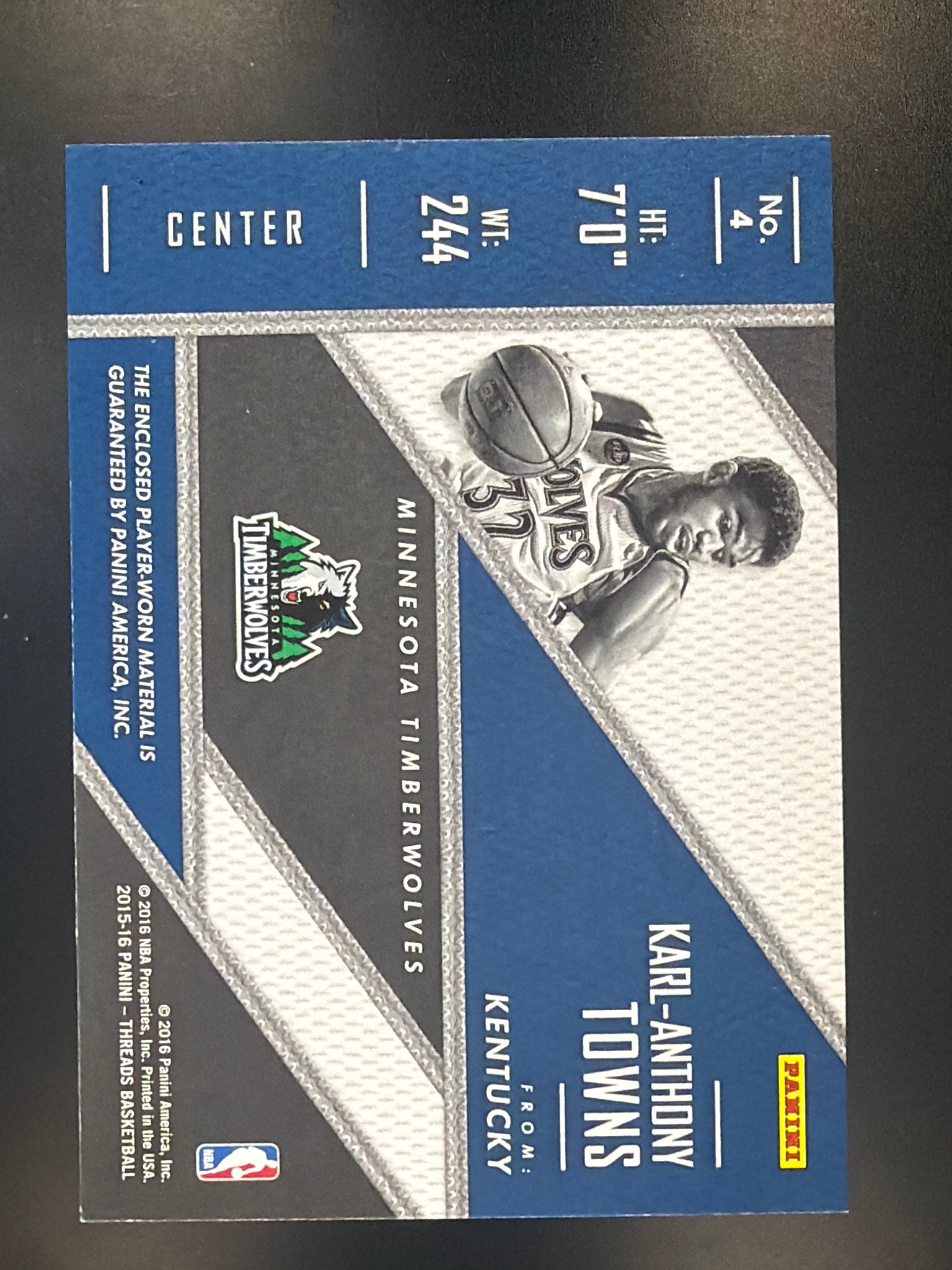 2015-16 Panini Threads #4 Karl-Anthony Towns Rookie Threads