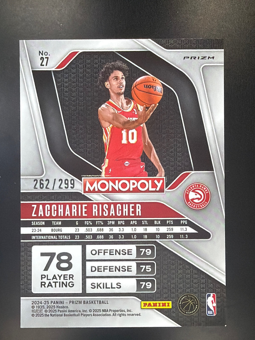 2024-25 Panini Prizm Monopoly #27 Zaccharie Risacher Brown Prizms #/299