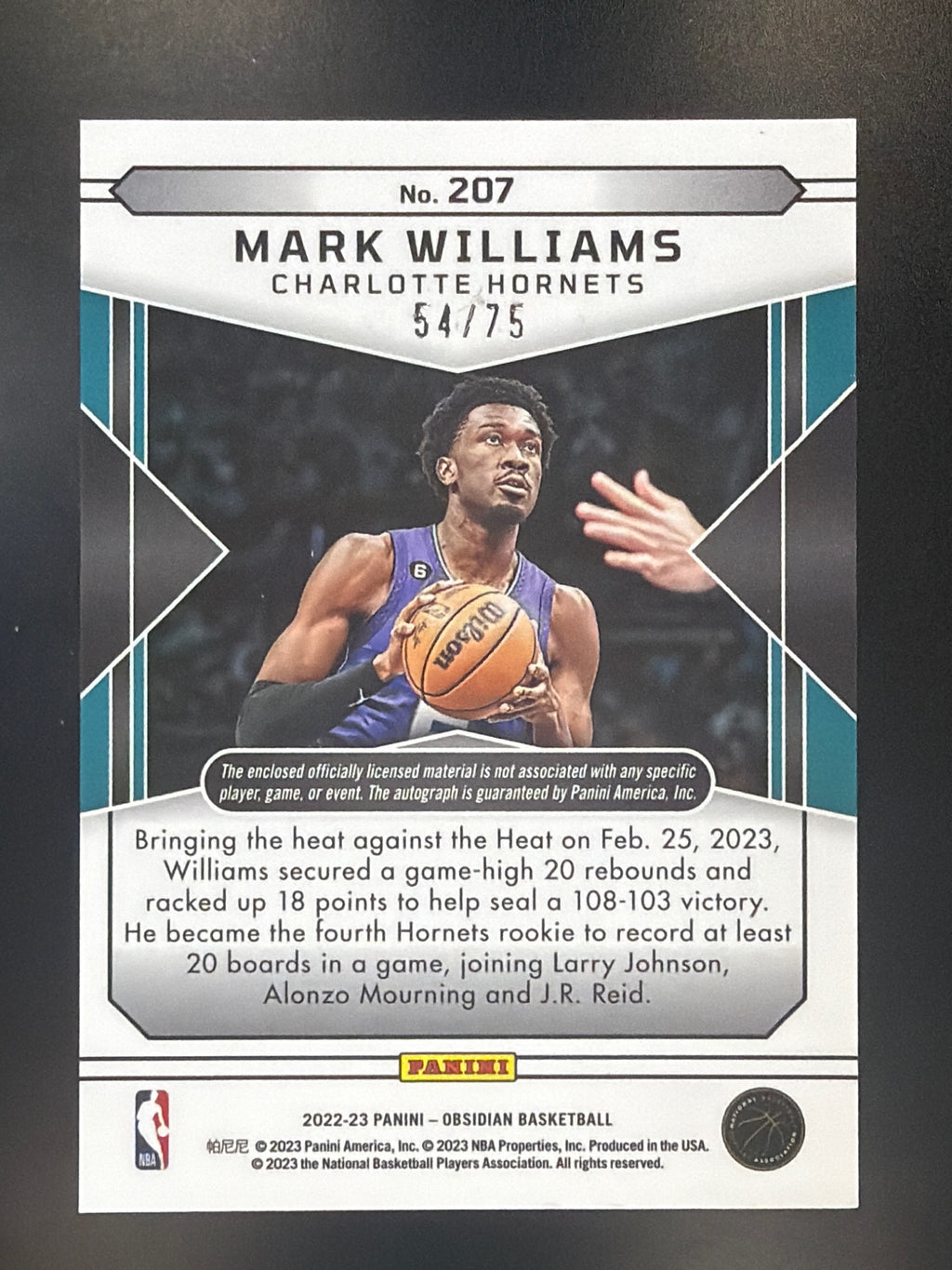 2022-23 Panini Obsidian #207 Mark Williams Electric Etch Purple #/75