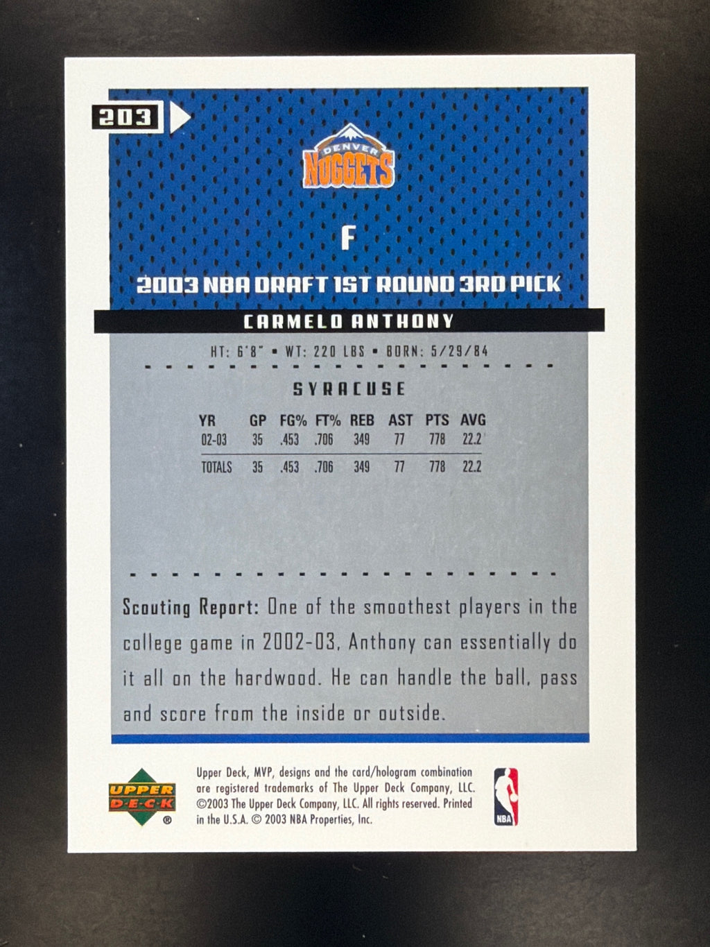 2003-04 Upper Deck MVP #203 Carmelo Anthony