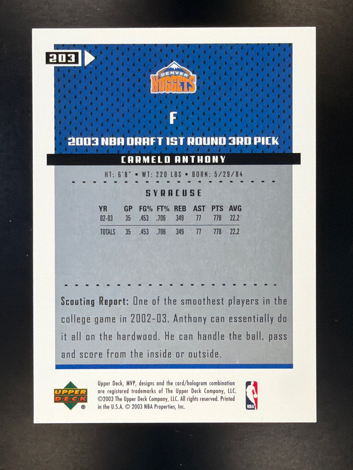 2003-04 Upper Deck MVP #203 Carmelo Anthony