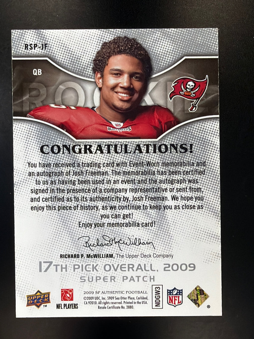 2009 SP Authentic #RSP-JF Josh Freeman Rookie Super Patch Autographs #/99
