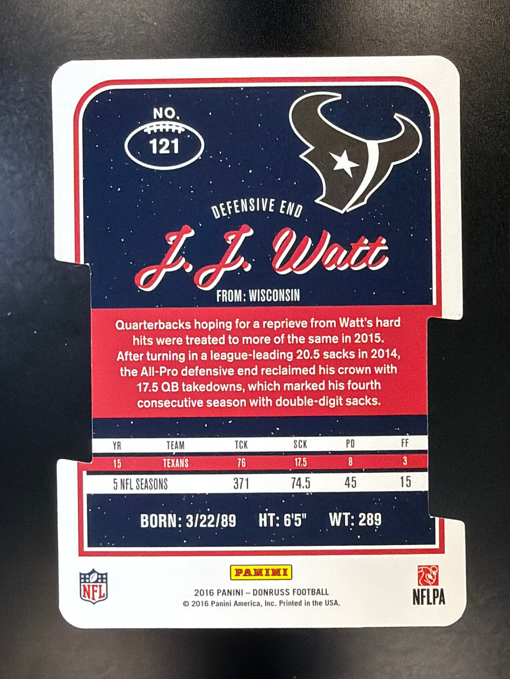 2016 Donruss #121 J.J. Watt Press Proofs Gold Die Cuts #/25
