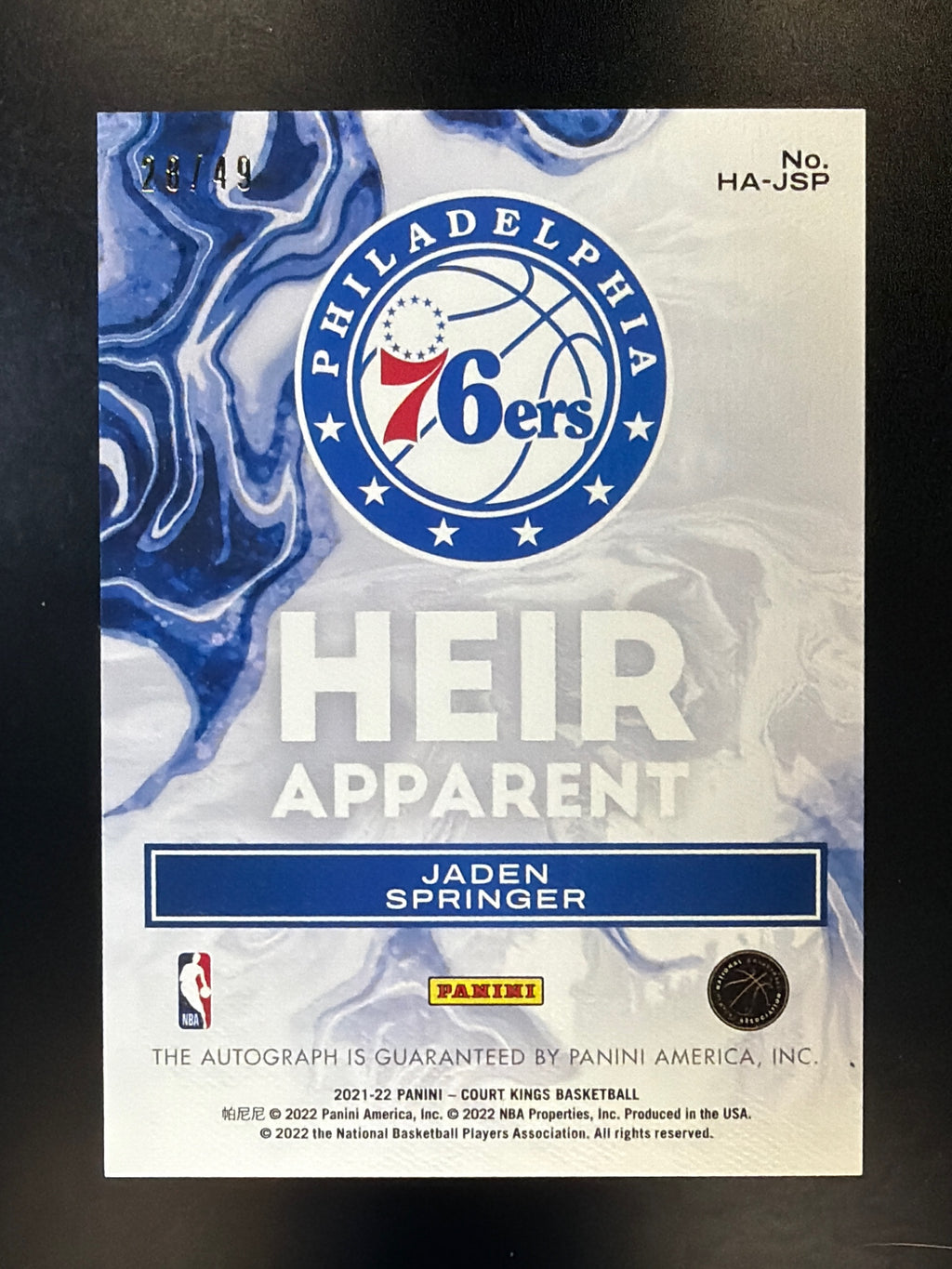 2021-22 Panini Court Kings #HA-JSP Jaden Springer Heir Apparent Violet #/49