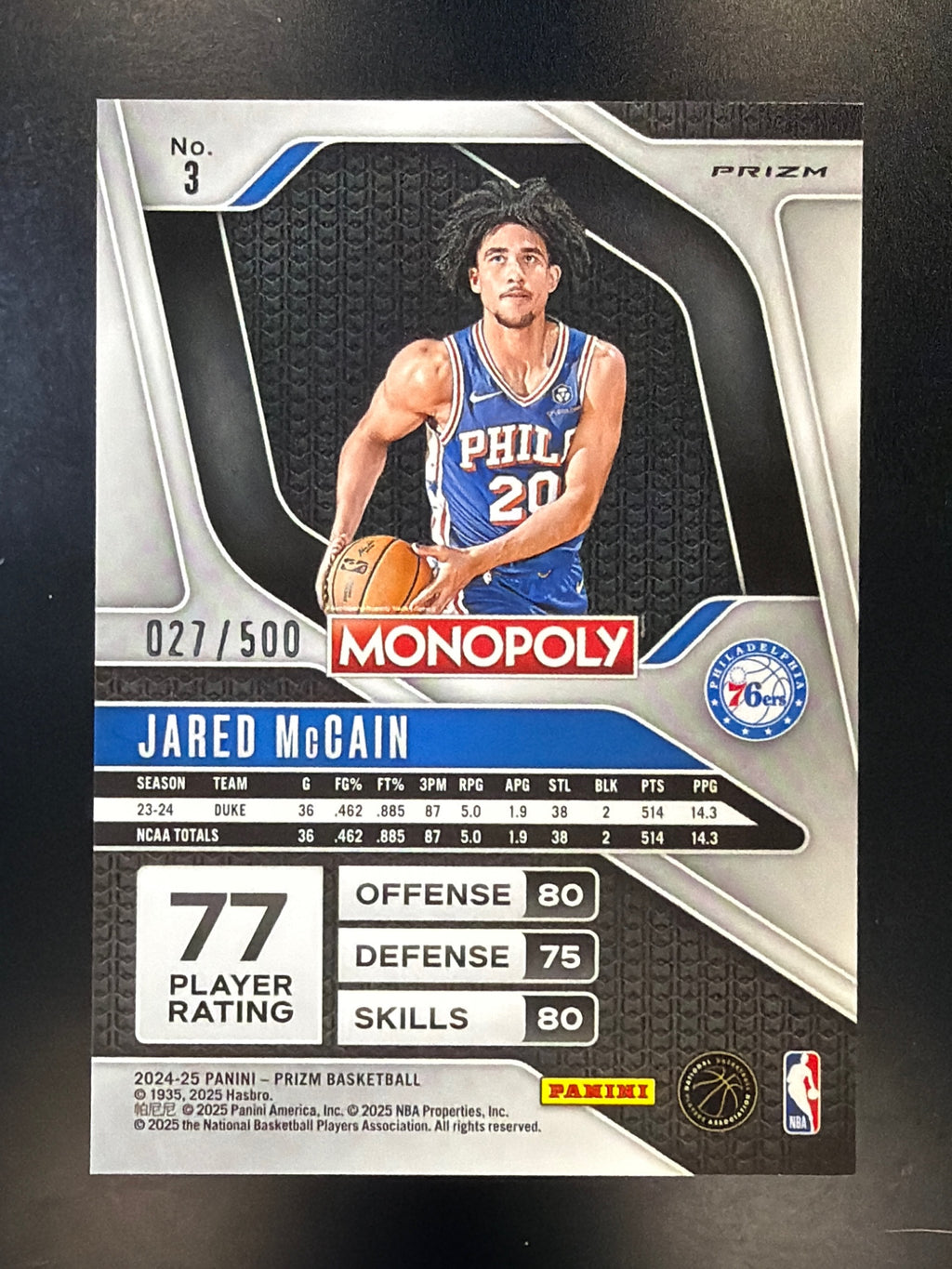 24-25 Panini Prizm Monopoly #3 Jared McCain Gold Millionaire Shimmer Prizm #/500