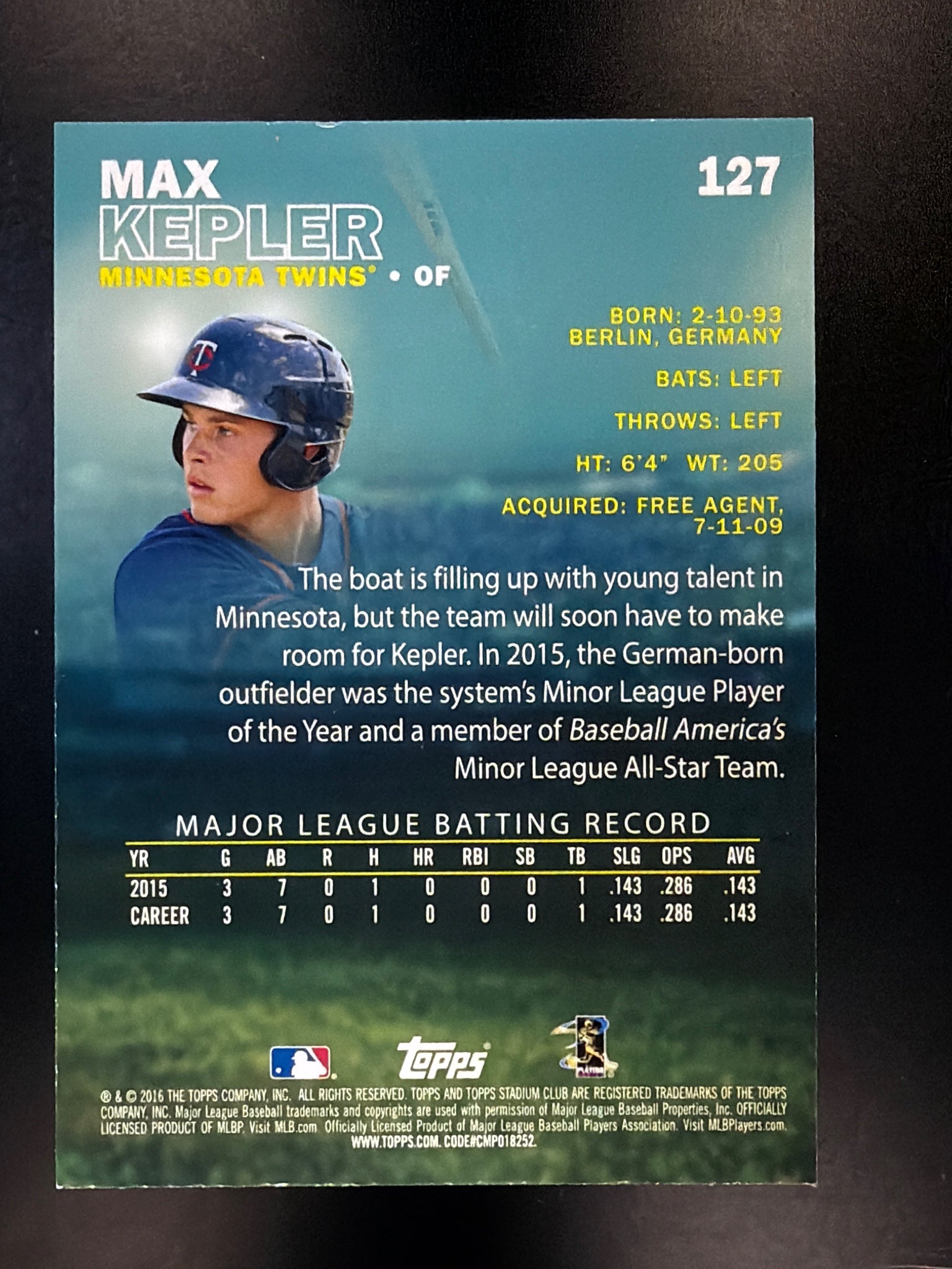 2016 Stadium Club #127 Max Kepler Black Foil