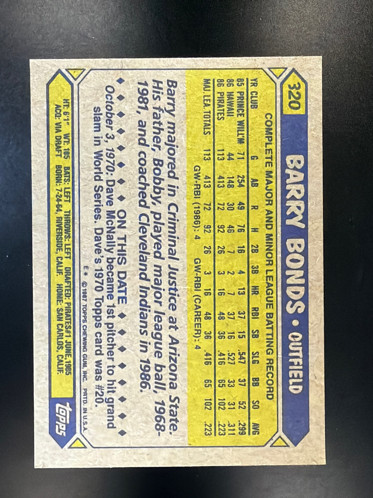1987 Topps #320 Barry Bonds
