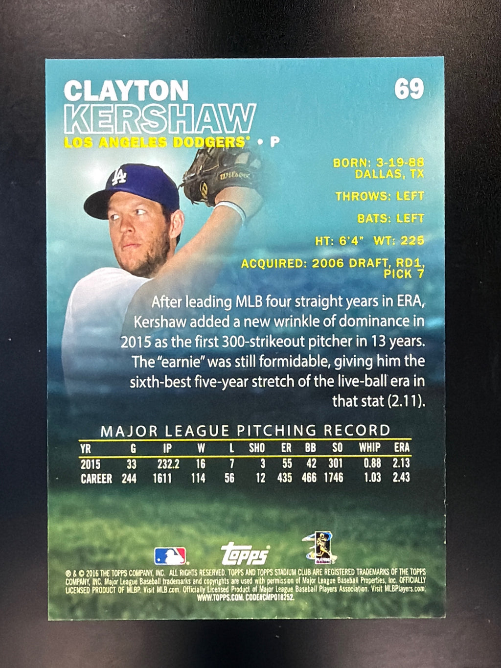 2016 Stadium Club #69 Clayton Kershaw Gold Foil