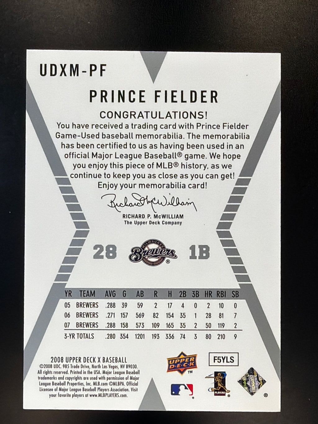 2008 Upper Deck X #UDXM-PF Prince Fielder Memorabilia