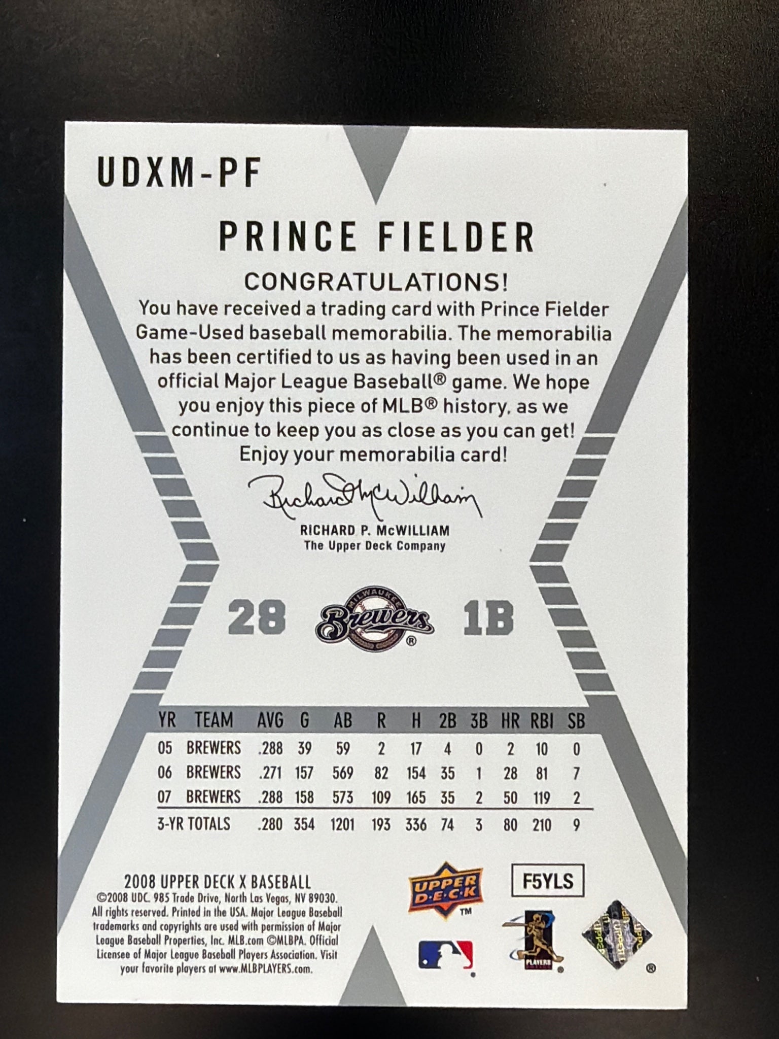 2008 Upper Deck X #UDXM-PF Prince Fielder Memorabilia